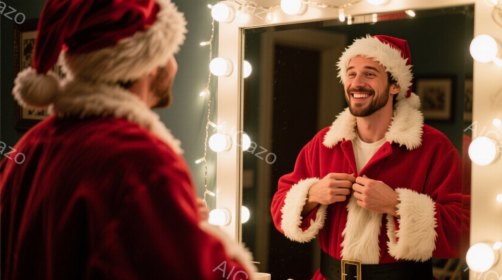サンタクロースの衣装を着た男性が鏡の前で微笑んでいます。彼は赤いサンタの帽子、白いファーの縁取りがついた赤いジャケット、黒いベルトを身に着け、ボタンを留める仕草をしています。背景には、電飾が施された鏡と、ぼやけた装飾が写り込んでおり、クリスマスの温かく楽しい雰囲気が漂っています。