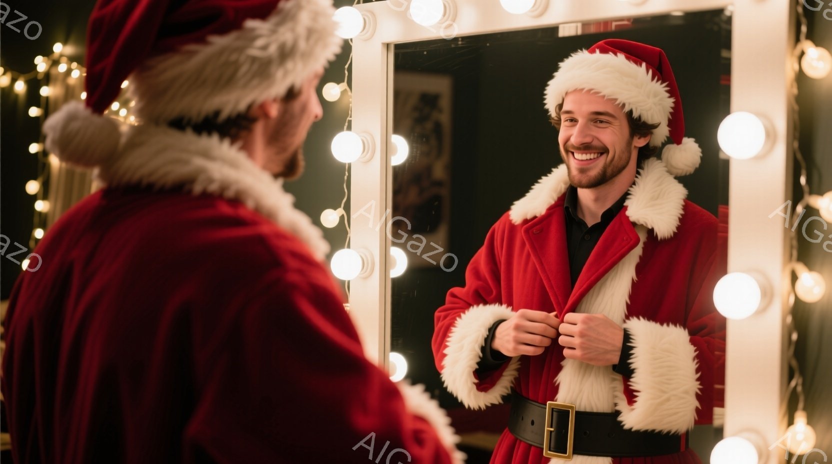 陽気な男性が、赤いサンタクロースの衣装を着て鏡の前で微笑んでいます。彼は衣装を締め、黒いベルトを締めており、白いフリルが襟元と袖口に付いています。背景には、多くの電球が輝き、クリスマスの華やかな雰囲気を醸し出しています。