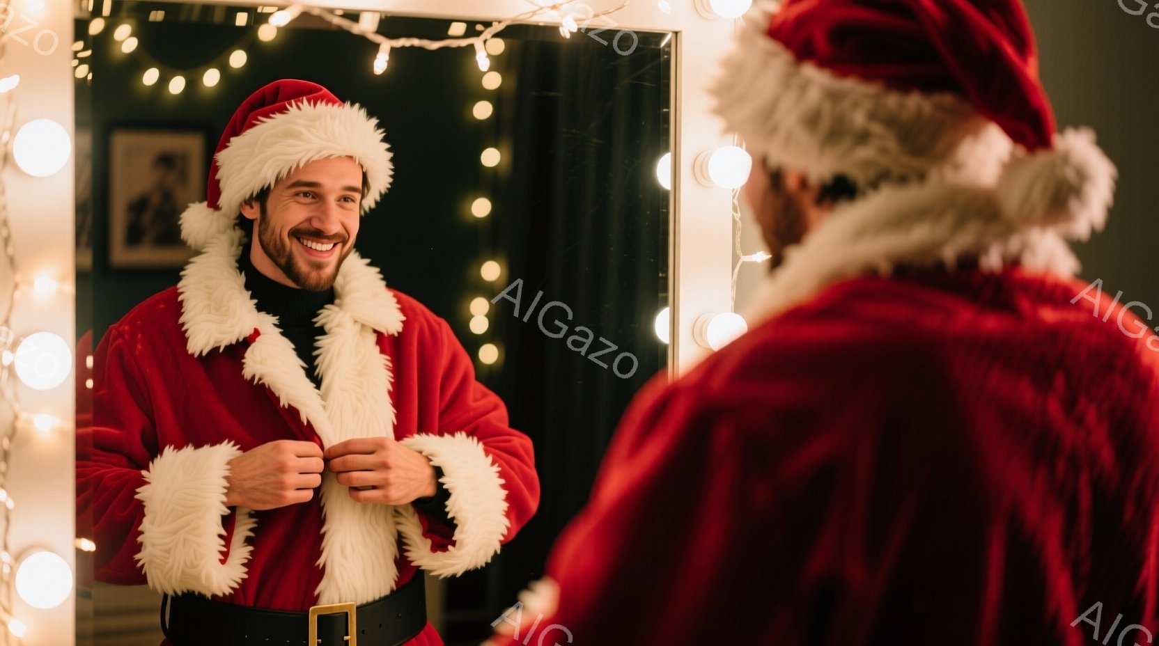 陽気な表情をした男性が、赤いサンタクロースの衣装を着て鏡の前でボタンを留めています。黒いタートルネックセーターを着用し、短い茶色の髪と口ひげが特徴的です。背景には、光り輝く電飾があり、陽気で暖かいクリスマスの雰囲気を醸し出しています。