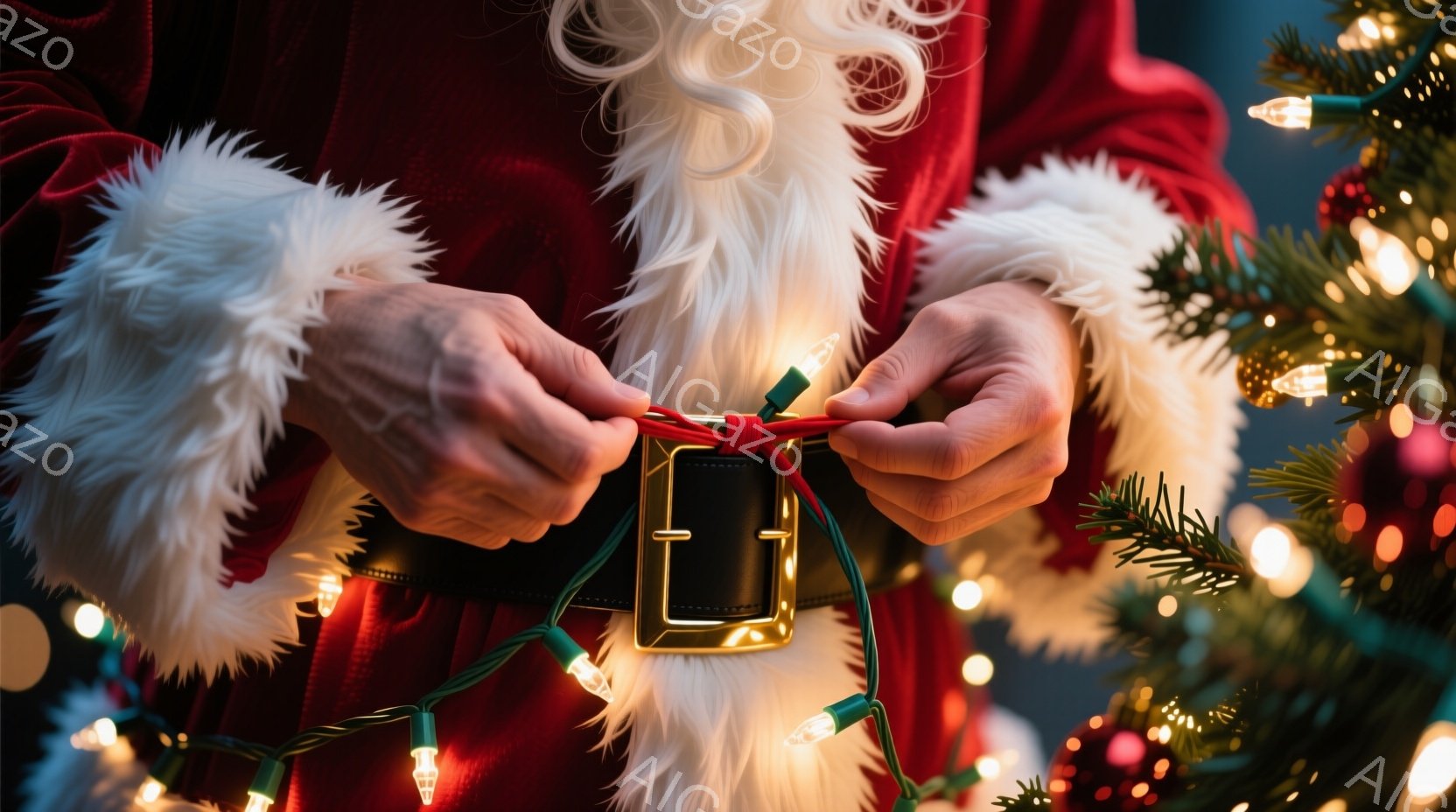 赤い衣装を着た人物が、クリスマスの電飾をベルトに巻き付けようとしています。白いふわふわの毛皮のトリムが袖に付いており、金のバックルが際立っています。背景にはぼやけた緑色のクリスマスツリーと、温かい光のぼかしがあり、祝祭的な雰囲気を醸し出しています。