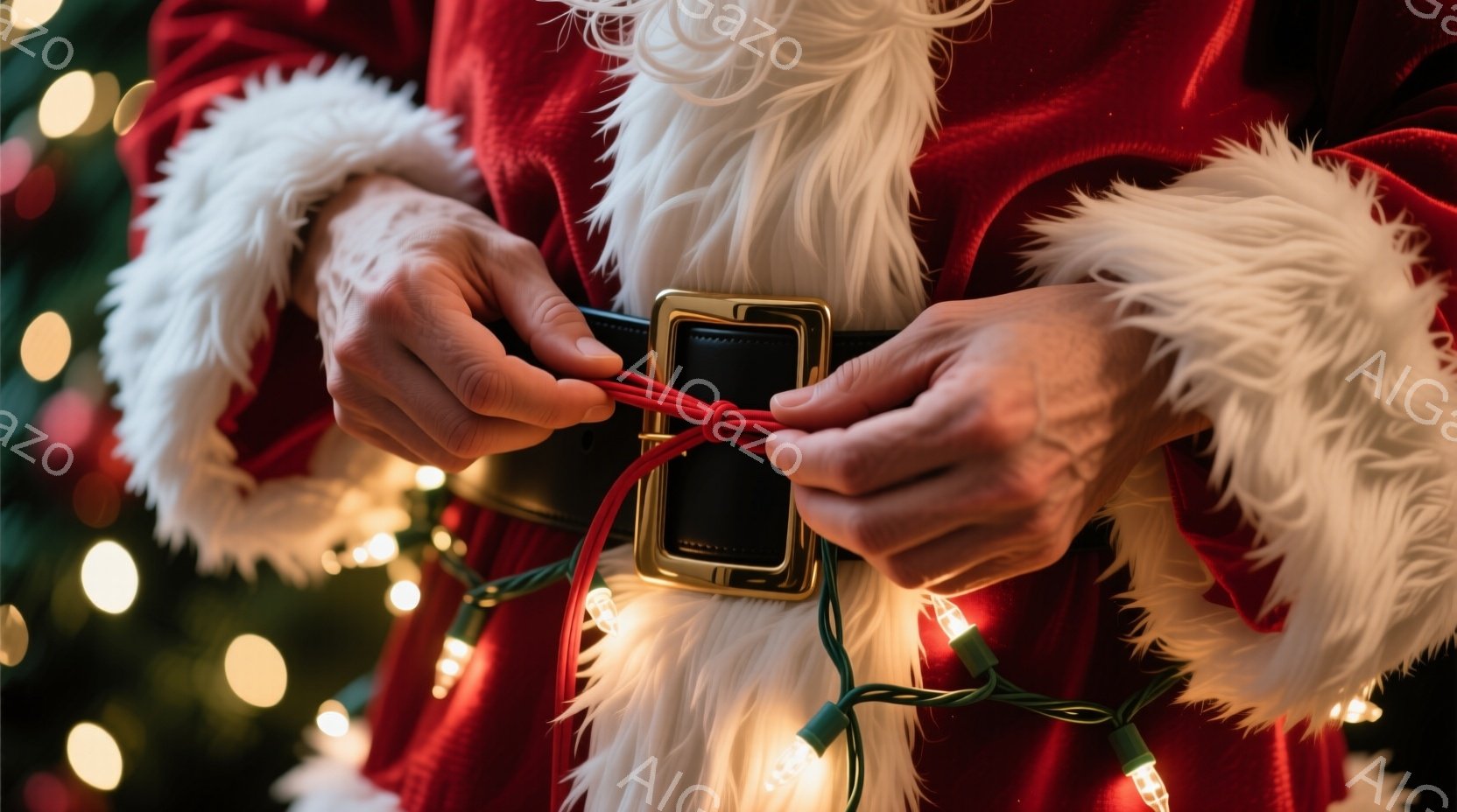 サンタクロースの衣装を身につけた人物が、赤いロープのようなものを腰のベルトに結び付けようとしています。背景にはぼやけたクリスマスツリーのライトが見え、全体的に暖かく、お祝いの雰囲気です。衣服は赤いベルベットのような生地で、白い毛皮の縁取りが特徴的で、ベルトは金色のバックルが付いています。