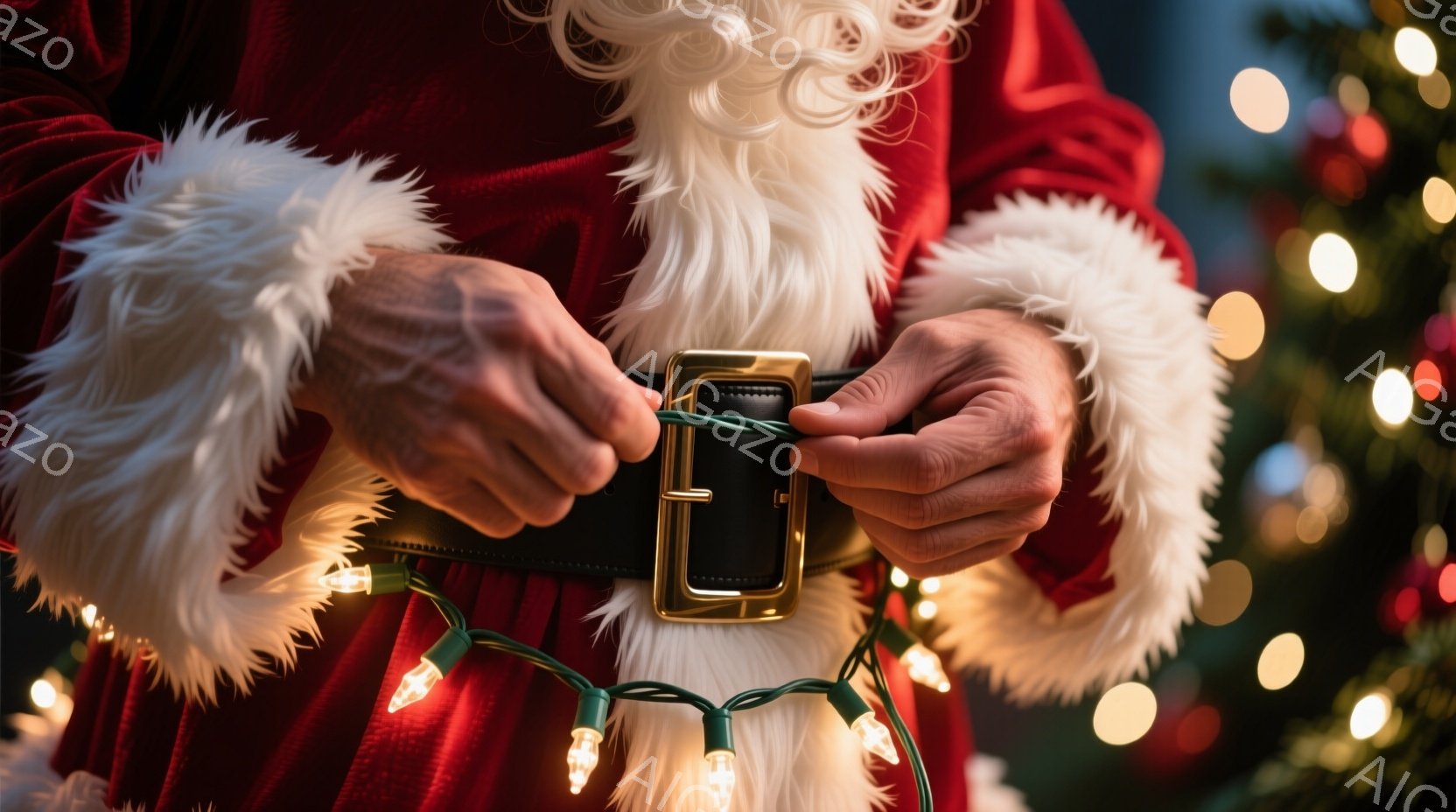 サンタクロースの衣装を身に着けた人物が、クリスマスツリーのイルミネーションライトを腰のベルトに巻き付けている様子が捉えられています。赤い衣装に白いフリルがあしらわれており、ベルトは黒で光沢があります。背景にはぼやけた緑色のクリスマスツリーと、温かみのある光が散りばめられており、クリスマスの温かく楽しい雰囲気が漂っています。
