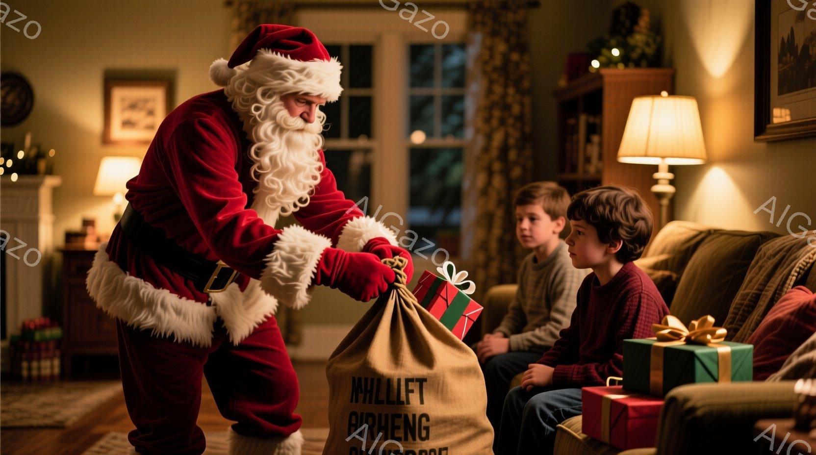 サンタクロースは赤い衣装を着て、白いひげを蓄えており、プレゼントが入った大きな麻袋を傾けようとしています。彼は跪きかけており、子供たちはソファーに座って興味津々でそれを見守っています。背景には暖炉、本 - AI生成フリー素材