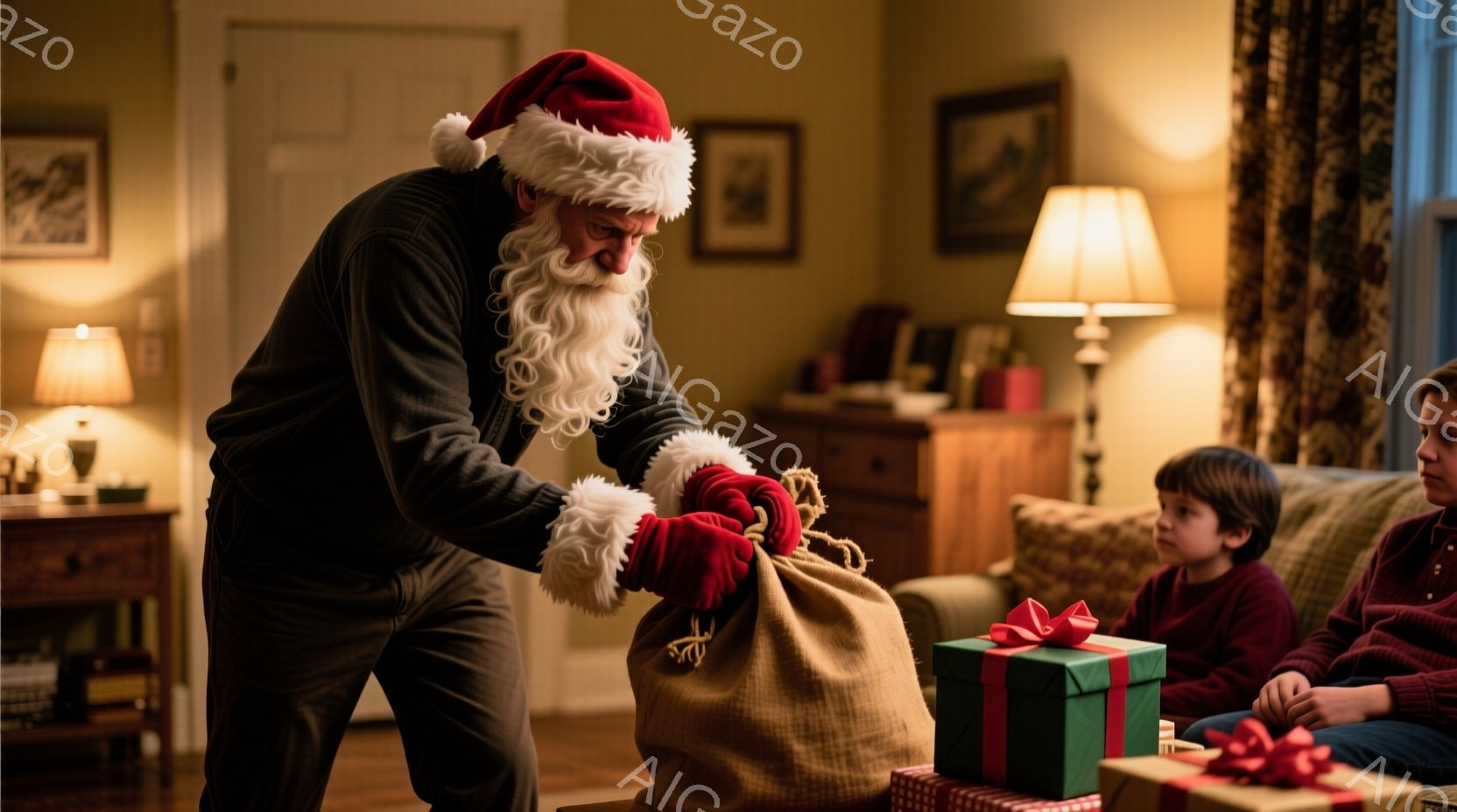 白い長い髭を生やし、サンタの帽子をかぶった男性が、大きな麻袋から何かを取り出そうとしている。彼は濃い色のセーターとズボンを身につけており、横にはプレゼントがラッピングされた箱が置かれている。背景には、 - AI生成フリー素材