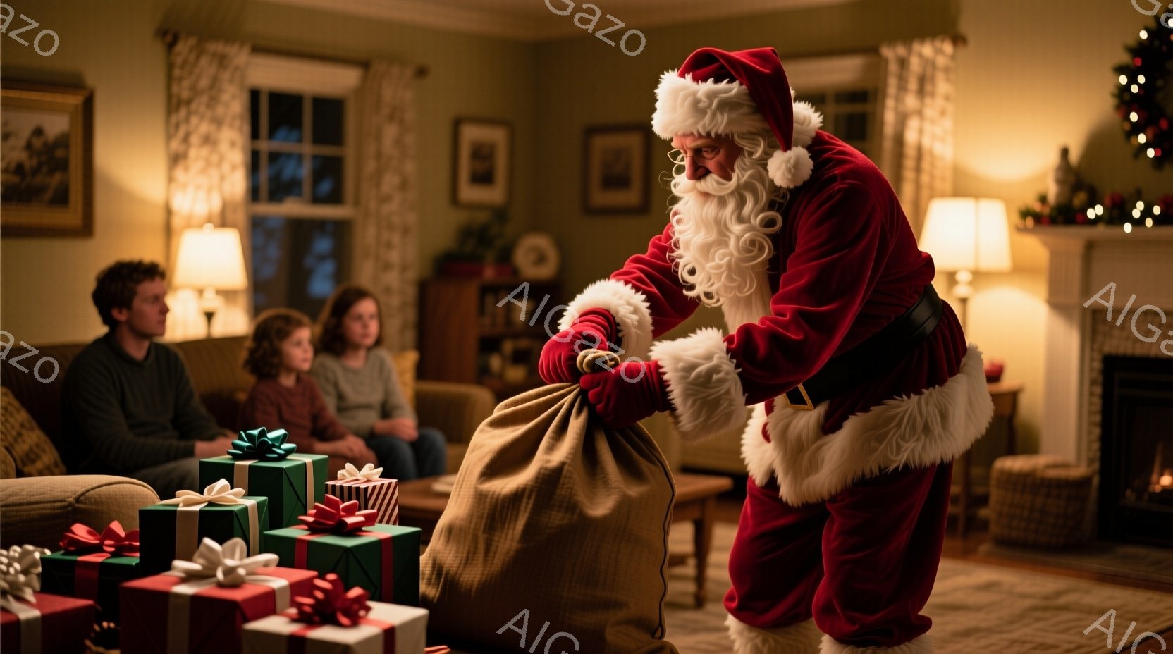 暖炉のあるリビングルームで、サンタクロースが大きな袋からプレゼントを取り出そうとしている。彼は赤い衣装と白いひげをたくわえ、笑顔を浮かべている。背景には、ソファーに座る家族と、クリスマスツリーの飾りが - AI生成フリー素材