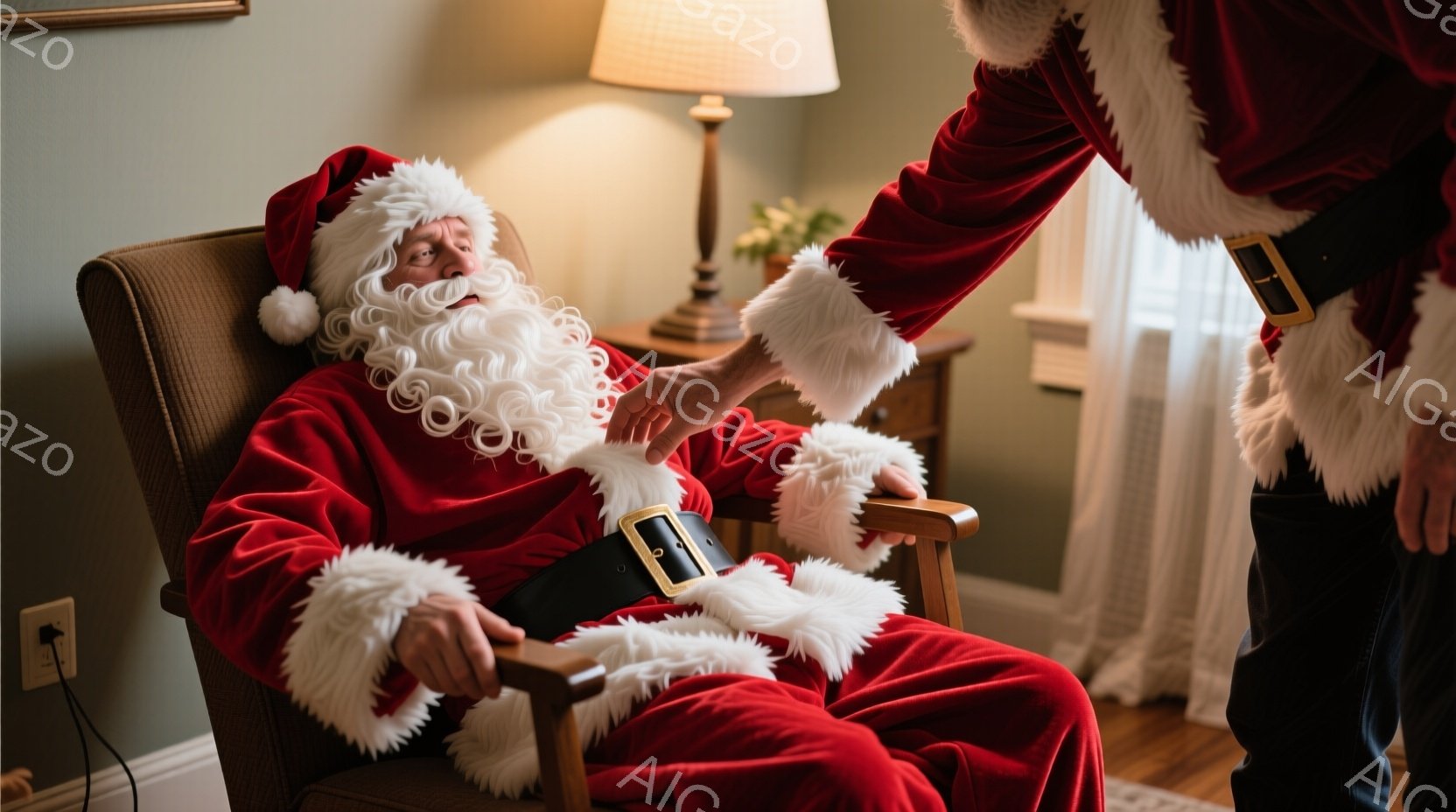 サンタクロースが肘掛け椅子に座り、疲れた様子で目を閉じてリラックスしています。彼は赤いベルベットの衣装に白い毛皮の縁取りが施され、太い革ベルトで固定されています。背景には壁、電気スイッチ、そして窓から差し込む光が見え、穏やかで静けさの漂う室内が描かれています。