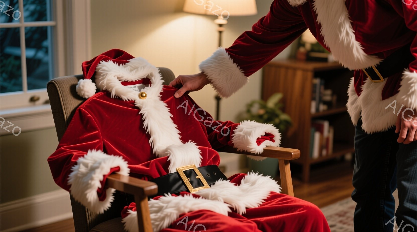 赤いサンタクロースの衣装が椅子に掛けられています。白くふさふさしたトリミングが襟、袖、裾に施され、金色のバックルが付いた黒いベルトが締められています。背景には木製のキャビネットと窓が見え、暖かく、冬の準備をしているような雰囲気です。