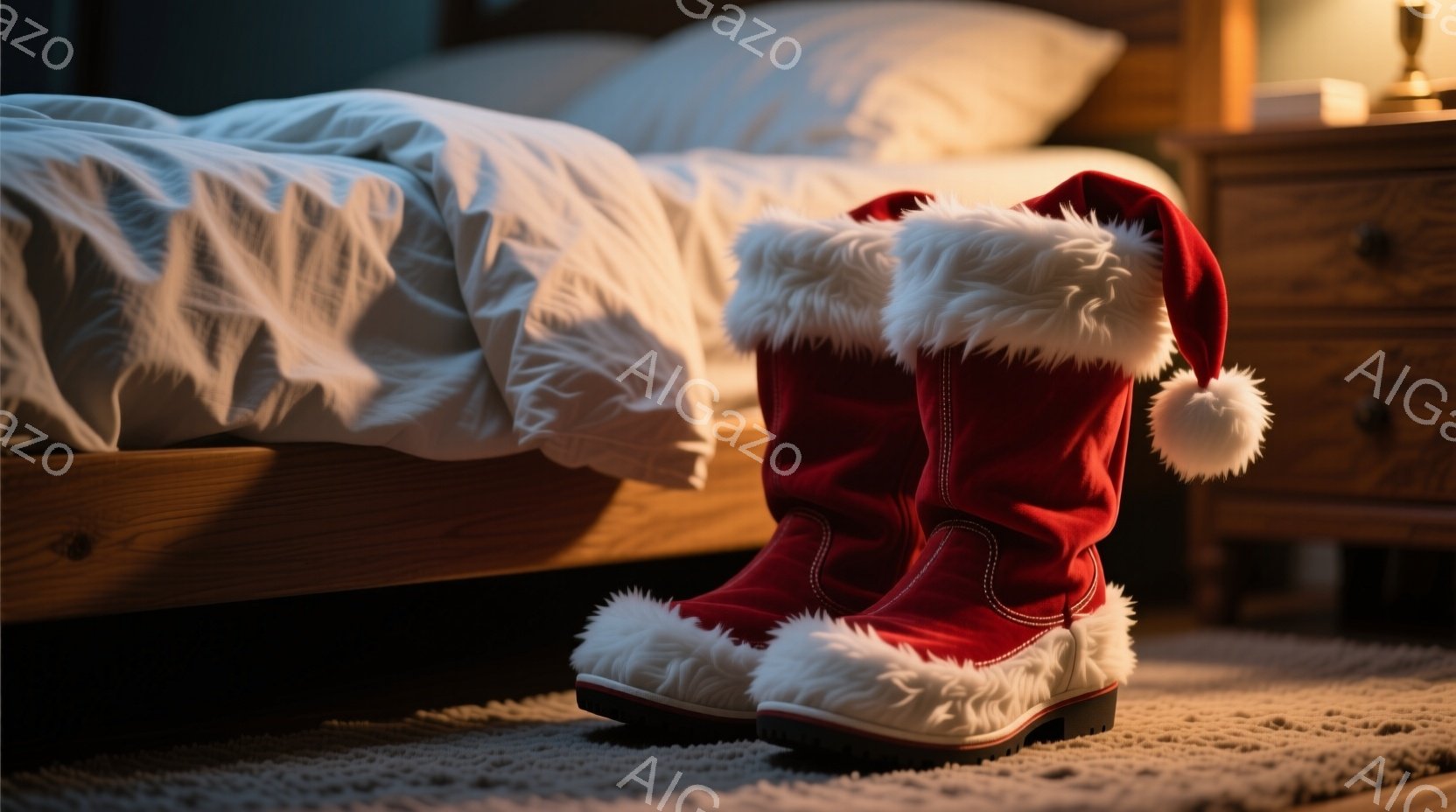 鮮やかな赤いサンタブーツが、毛足の長い敷物の前に置かれています。背景には、シーツがかけられたベッドと木製のナイトスタンドが見え、暖かく落ち着いた雰囲気です。全体的に、クリスマスの到来を予感させる、ほのぼのとした光景です。