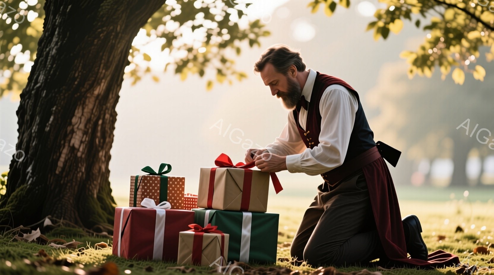 ひざまずいてプレゼントを飾る男性が写っている。彼は茶色のベストと白いシャツ、そして長い赤い布のショールのようなものを身に着けており、顎髭を生やした整髪された髪型をしている。背景には緑の芝生と木々が見え、秋の穏やかな日差しが差し込んでいる。