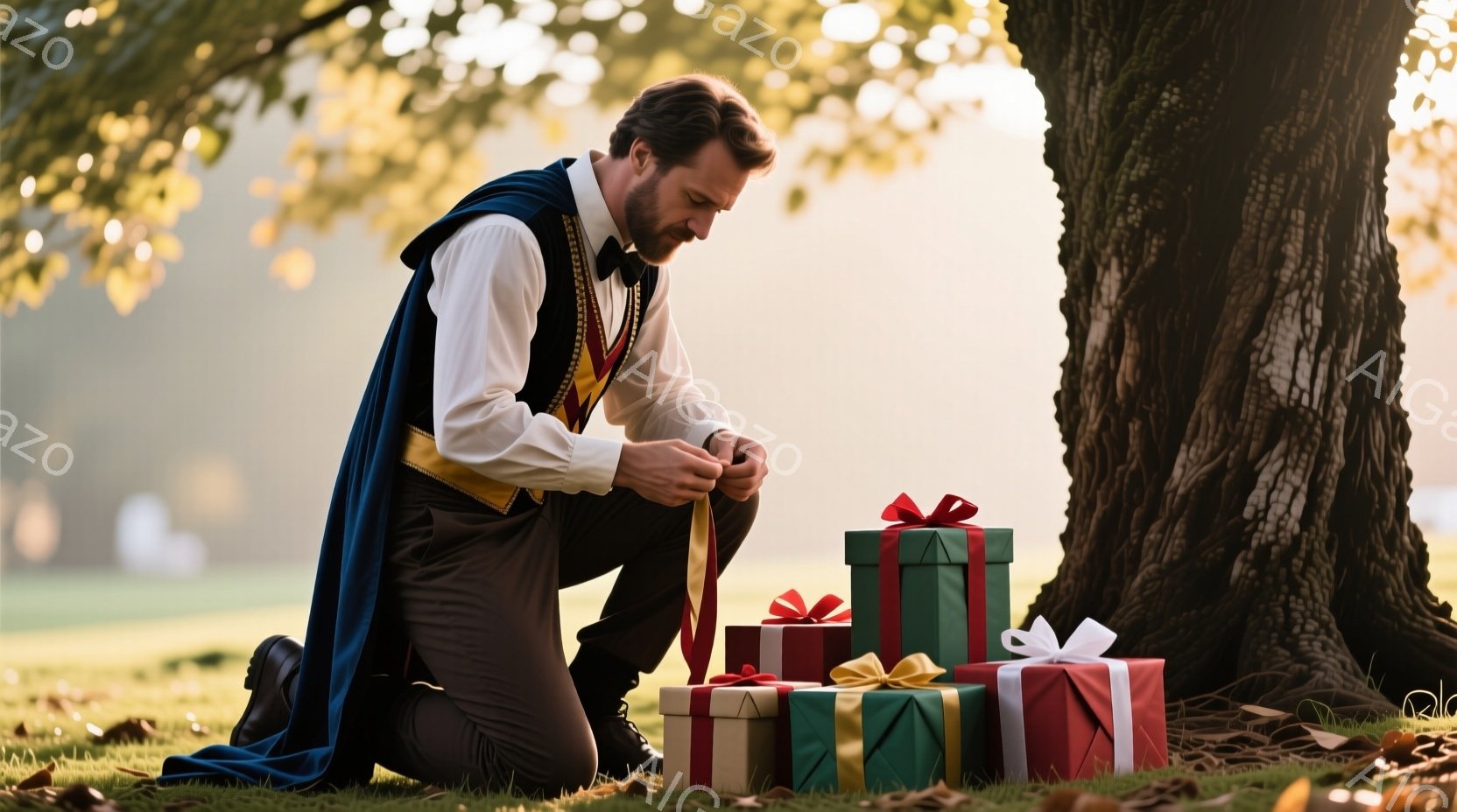 膝をついてプレゼントをラッピングしている男性が写っている。彼は白いシャツに黒いベスト、そして深い青色のマントを身につけ、黒髪を短く整えている。背景には巨大な木々と緑の芝生、そして穏やかな日差しが広がり、ロマンチックで暖かい雰囲気を醸し出している。