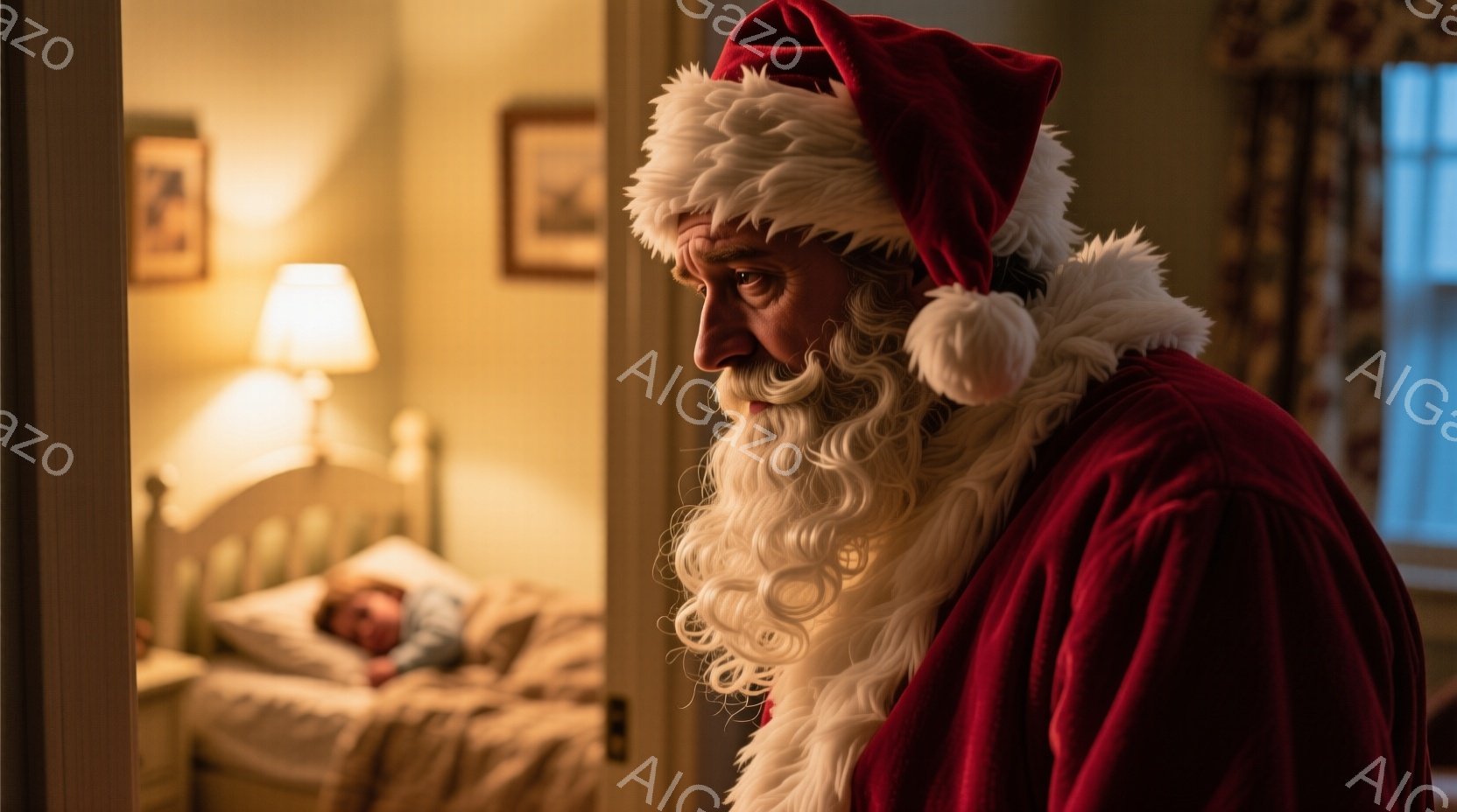 白いひげを長く伸ばしたサンタクロースのような男性が、赤い衣装を身につけ、子供が眠っているベッドの入り口に立っている。彼の表情はやや憂いを帯びており、子供を見守っている様子がうかがえる。背景には暖色系の - AI生成フリー素材