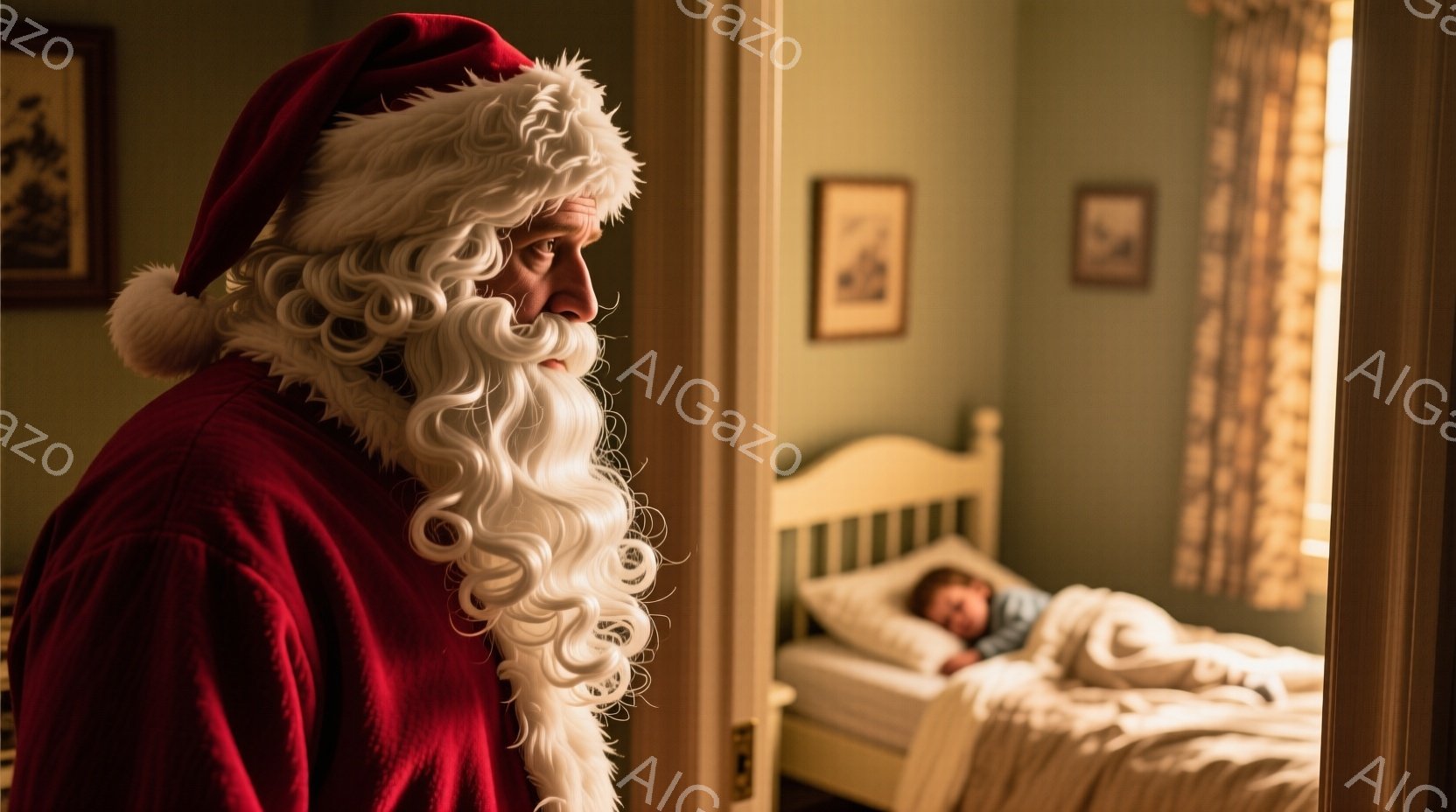 暖炉の明かりが差し込む部屋で、白髭のサンタクロースがドアの影から子供の寝室を覗き込んでいます。彼は赤い衣装を身に着け、深く考え込むような表情を浮かべており、その姿はどこか憂いを帯びています。寝室にはベッドで眠る子供がおり、穏やかな雰囲気の中に、静かな緊張感が漂っています。