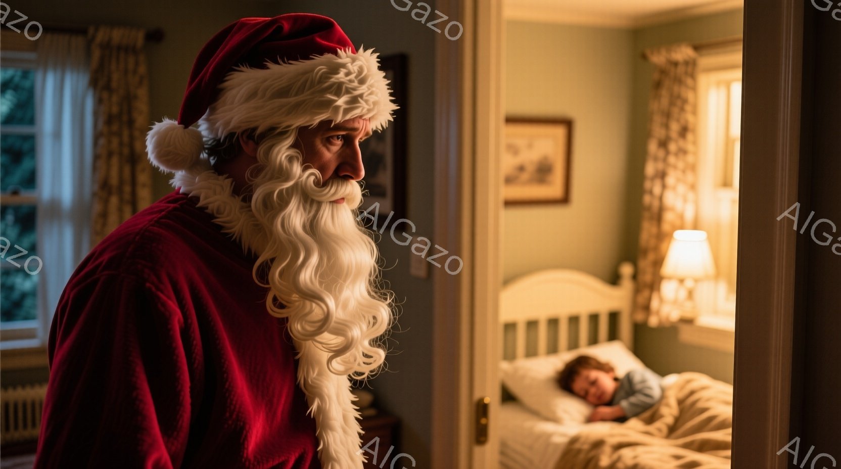 サンタクロースの衣装を身に着けた男性が、少し疲れた表情で部屋の入り口に立っている。長い白いひげと赤い帽子が特徴的で、背景には眠っている子供の姿が見える暖炉のある部屋が広がっている。全体的に、静かで少し物悲しい、クリスマスの夜の雰囲気が漂っている。