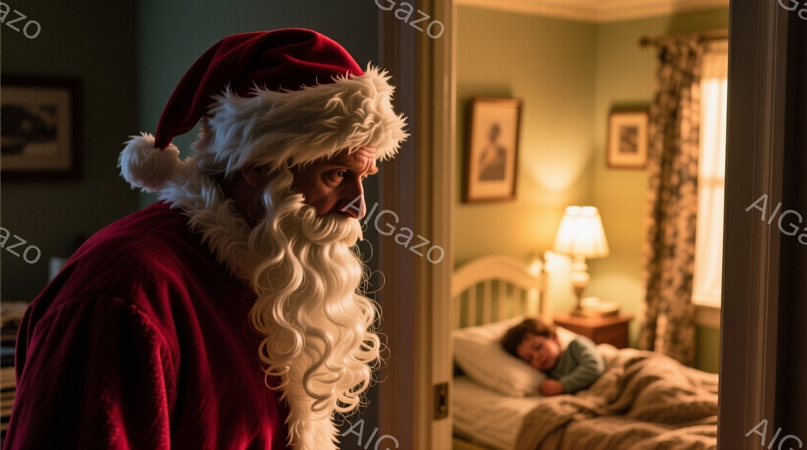 サンタクロースの格好をした男性が、部屋のドアから子供の寝室を覗き込んでいます。彼は赤い帽子と白いあごひげをつけ、赤いコートを着ています。寝室では、子供がベッドで眠っており、暖かく穏やかな雰囲気が漂っています。