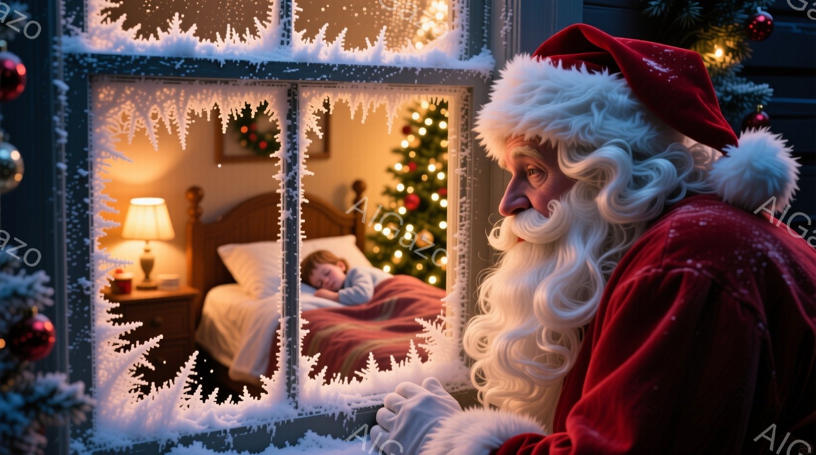白い雪で覆われた窓枠に、サンタクロースが半分だけ顔を覗かせています。彼は赤い衣装に白い髭を蓄え、優しく微笑んでいます。背景にはクリスマスツリーが飾られた子供部屋が見え、暖かく穏やかなクリスマスの夜の雰囲気が漂っています。