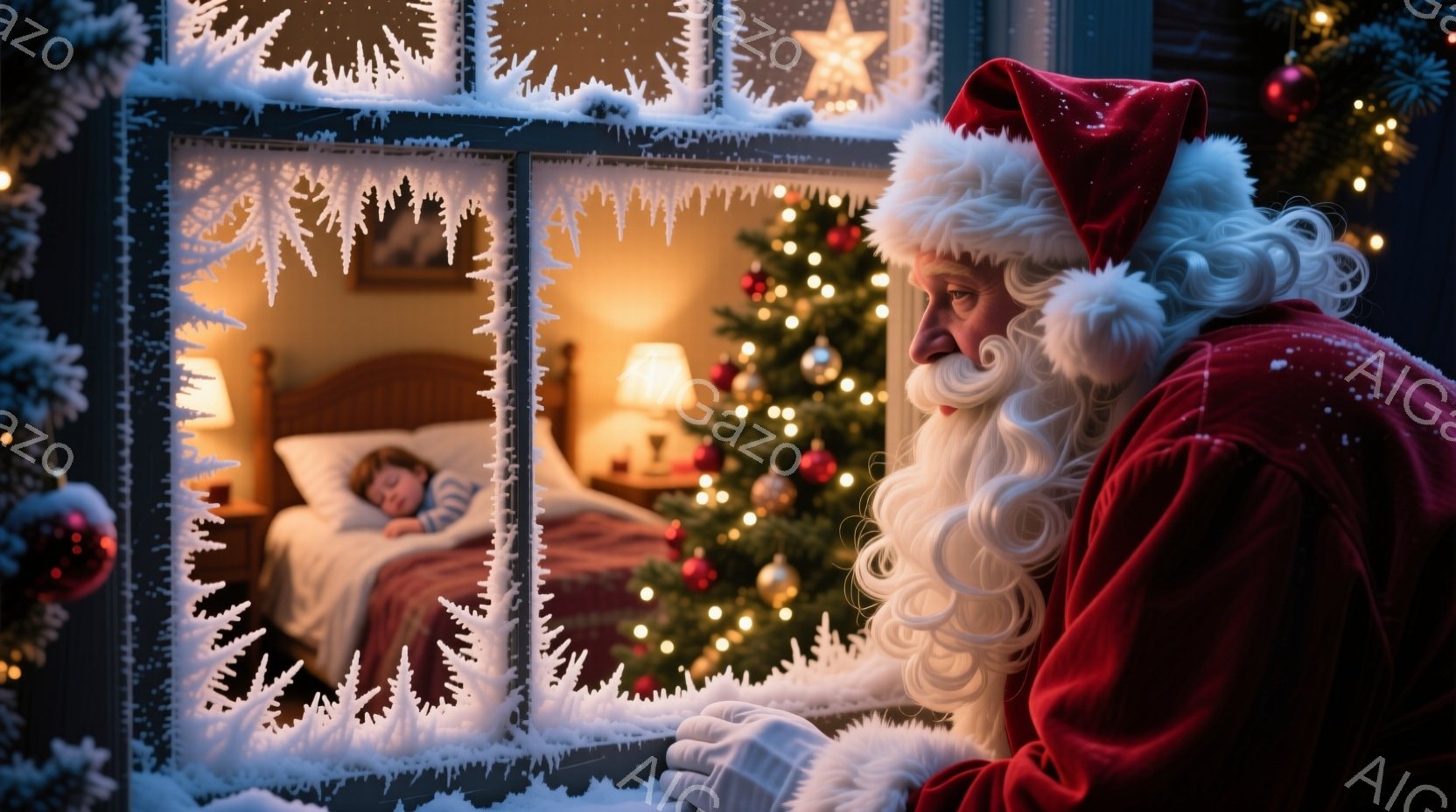 サンタクロースが窓の外から室内を覗き込んでいます。彼は赤いスーツと帽子を身に着け、長い白いひげを蓄えており、優しい表情で子供の寝ている姿を見守っています。室内にはクリスマスツリーが飾られ、温かい光が灯 - AI生成フリー素材