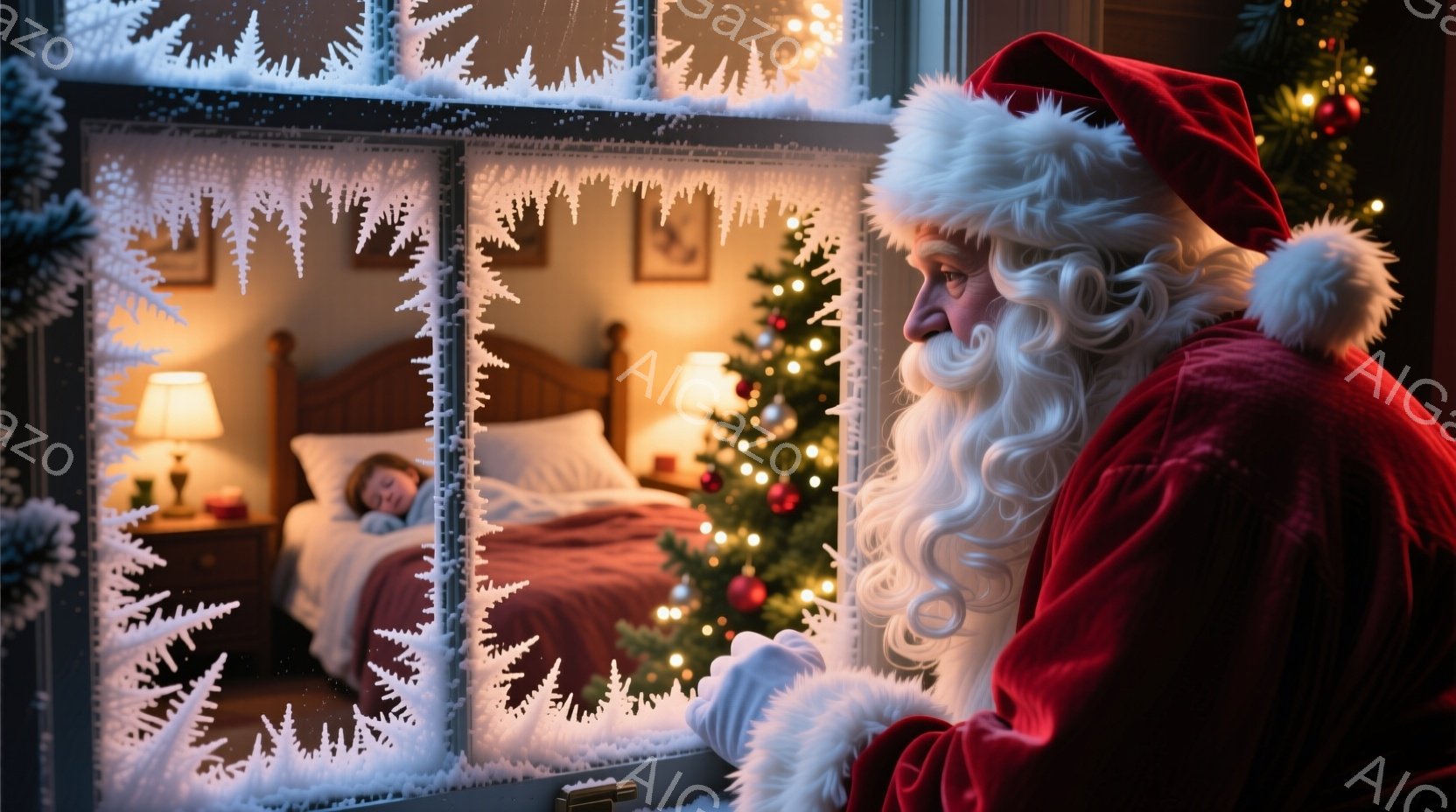サンタクロースは赤いベルベットの衣装を身につけ、白い長い髭と髪が特徴的です。彼は窓の外を眺めており、優しい微笑みを浮かべています。背景には、クリスマスツリー、ベッド、そして窓に描かれた雪の結晶が見え、 - AI生成フリー素材