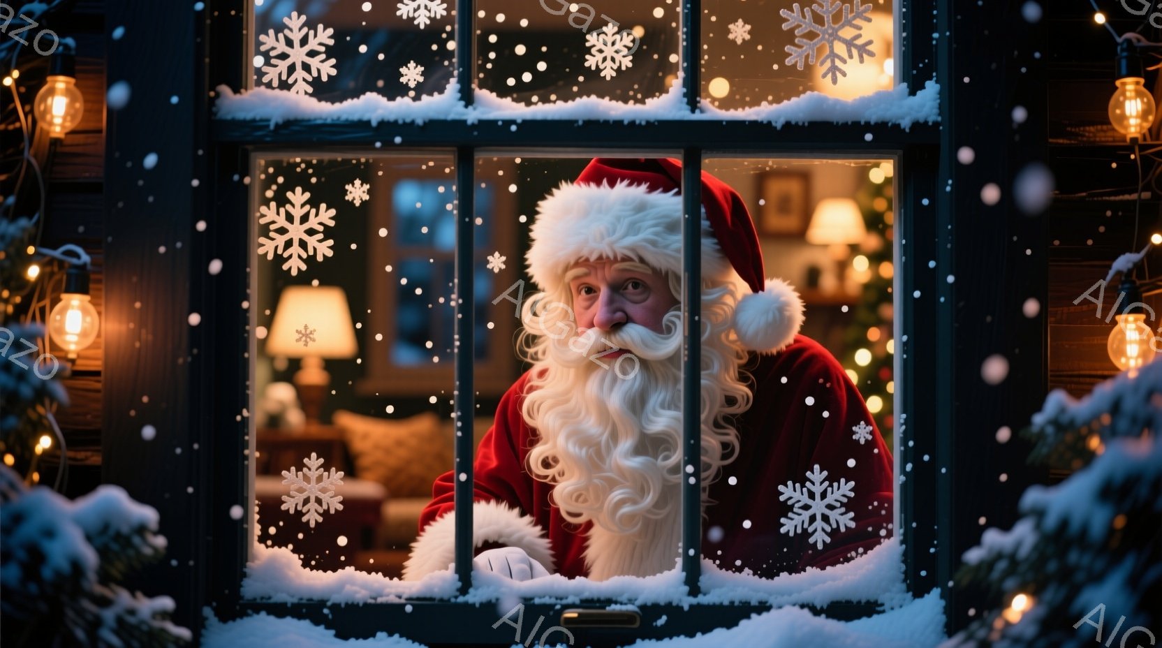 サンタクロースが窓越しに顔を出しています。彼は伝統的な赤い衣装と白い毛皮の縁取りの帽子を身に着け、長い白いひげを蓄えています。背景は暖かく光る室内で、雪が降り積もる冬の夜の穏やかな雰囲気を醸し出してい - AI生成フリー素材