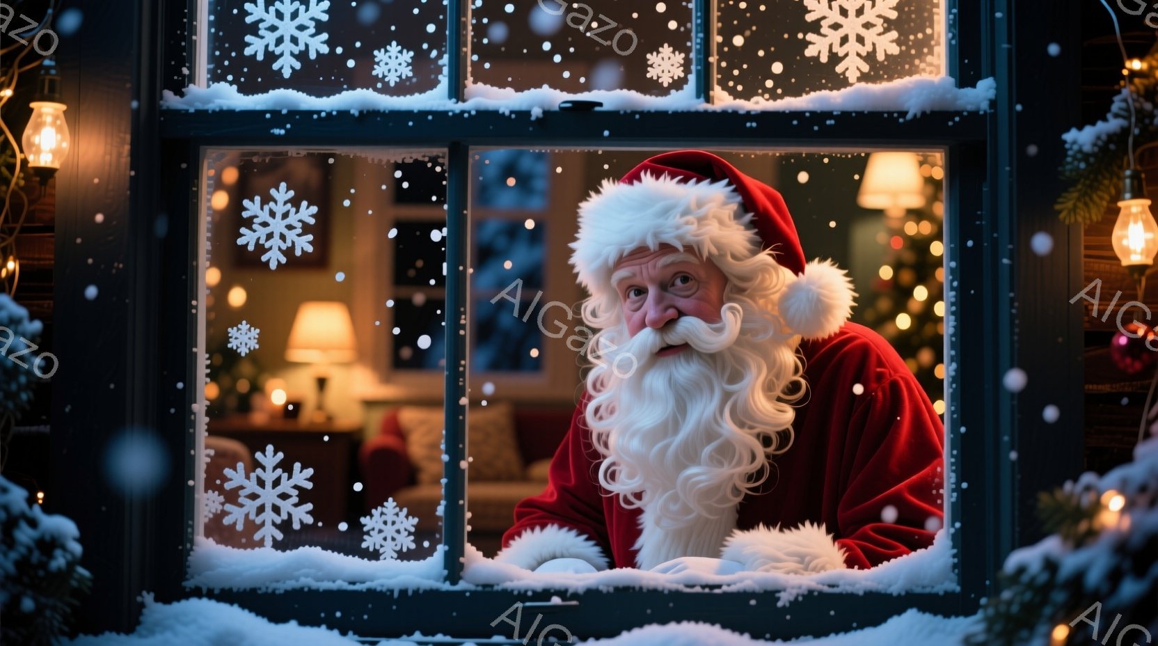 サンタクロースが窓から顔を出しています。赤い衣装と白いひげ、ふっくらとした顔立ちで、楽しそうな笑顔を浮かべています。背景には、クリスマスツリーや飾り付けがされ、温かい光が灯り、雪が降る冬の夜の暖かく幸せな雰囲気を醸し出しています。