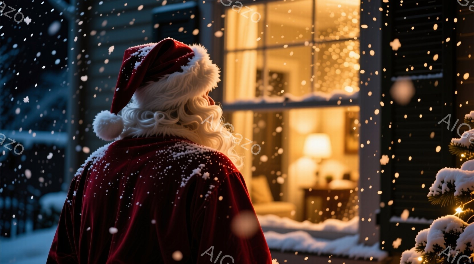 白い長い髭と赤い帽子を被った人物の後ろ姿が写っている。雪が舞う中、人物は家の窓から漏れる暖かい光を見つめている。背景には、雪で覆われた木々と、窓から暖かく光る家があり、クリスマスの温かく穏やかな雰囲気を醸し出している。