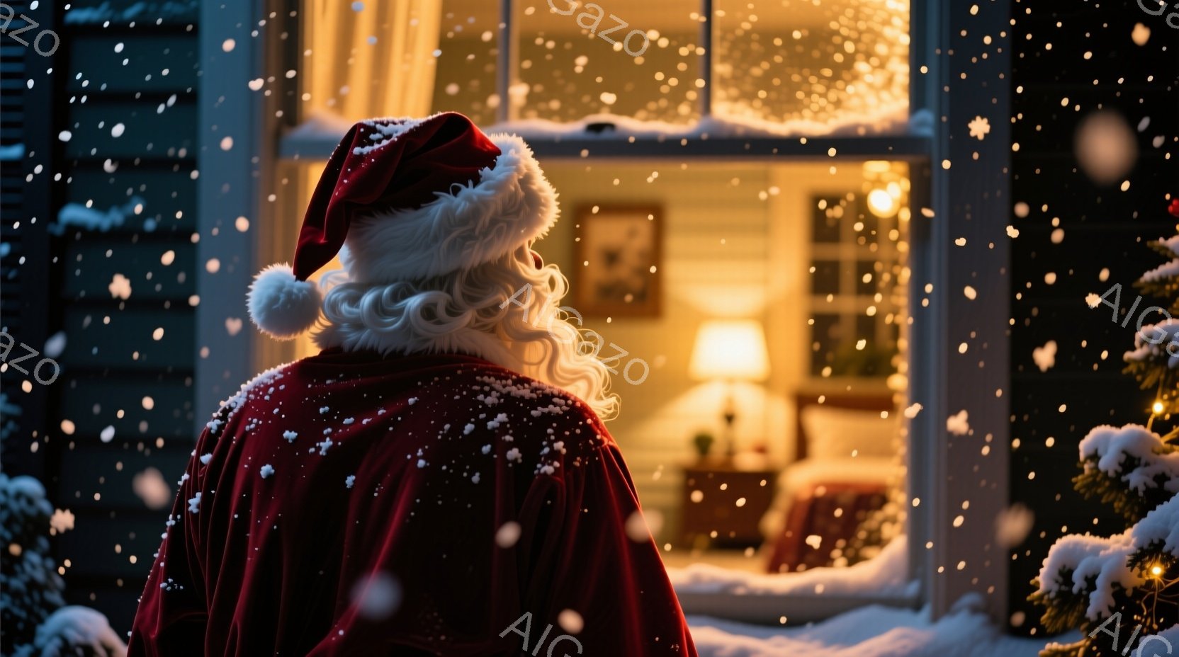 雪が降る中、サンタクロースが背中で描かれています。彼は赤い衣装と白いひげを持ち、冬の風景の中に立ち、家の窓からの温かい光を見つめています。背景にはクリスマスツリーがあり、全体的に穏やかで祝祭的な雰囲気 - AI生成フリー素材