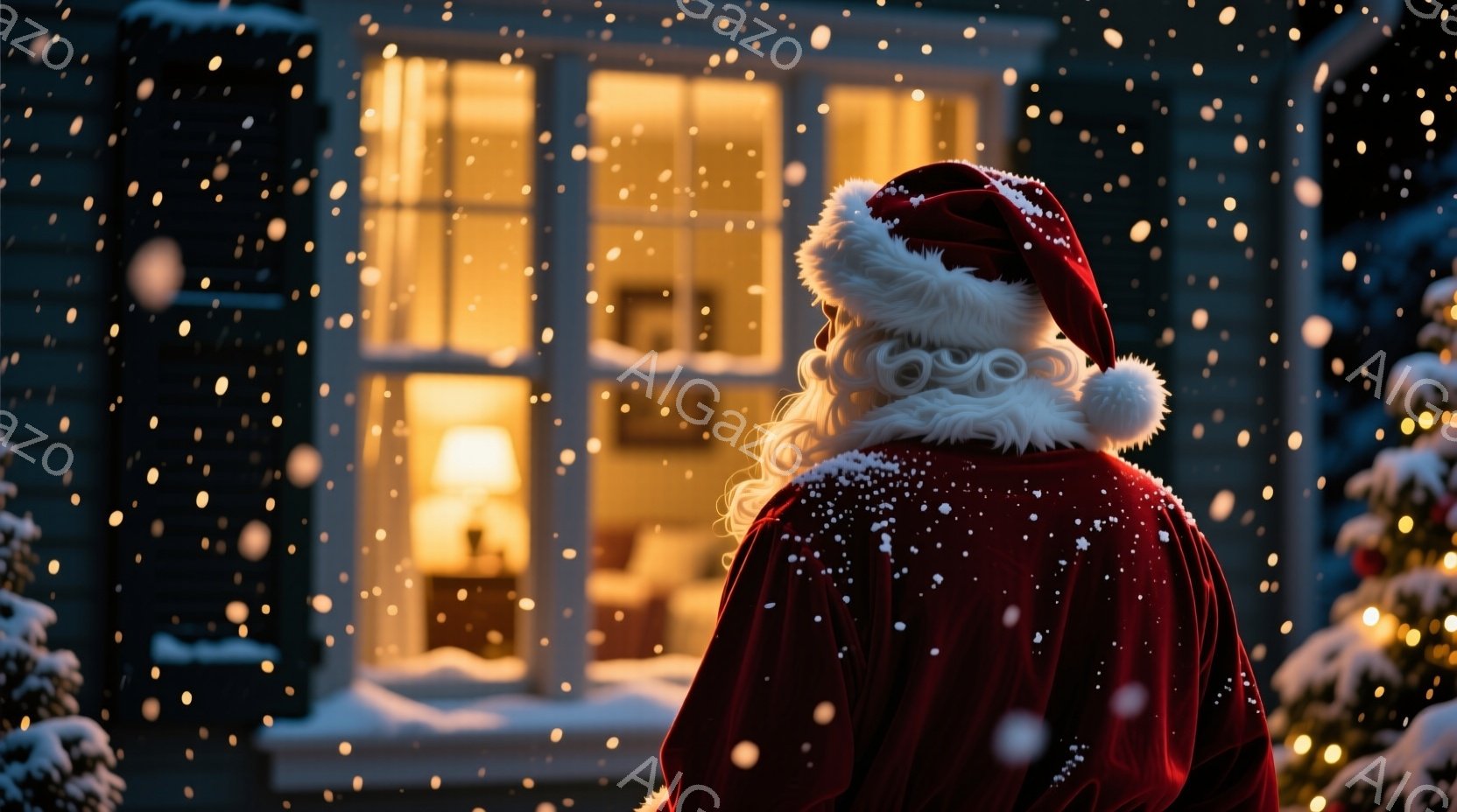 雪が舞う夜、背後には温かい光を放つ家が見えます。サンタクロースは赤い衣装をまとい、白い髭と髪をなびかせながら、家の方を向いています。暖炉の光と雪景色が、静かで温かいクリスマスの雰囲気を醸し出しています - AI生成フリー素材