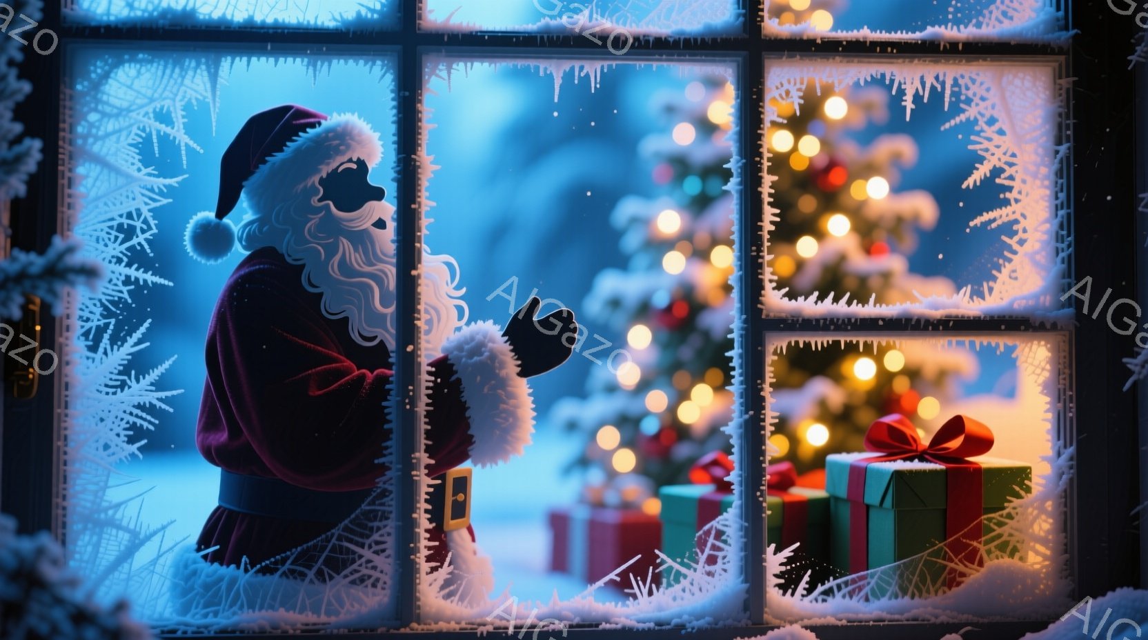 暖炉の光が窓を照らし、クリスマスの飾り付けが暖かく輝いている。サンタクロースは赤い衣装を着ており、窓の外を見つめている。背景には、光り輝くクリスマスツリーとラッピングされたプレゼントが並び、雪が舞う幻 - AI生成フリー素材