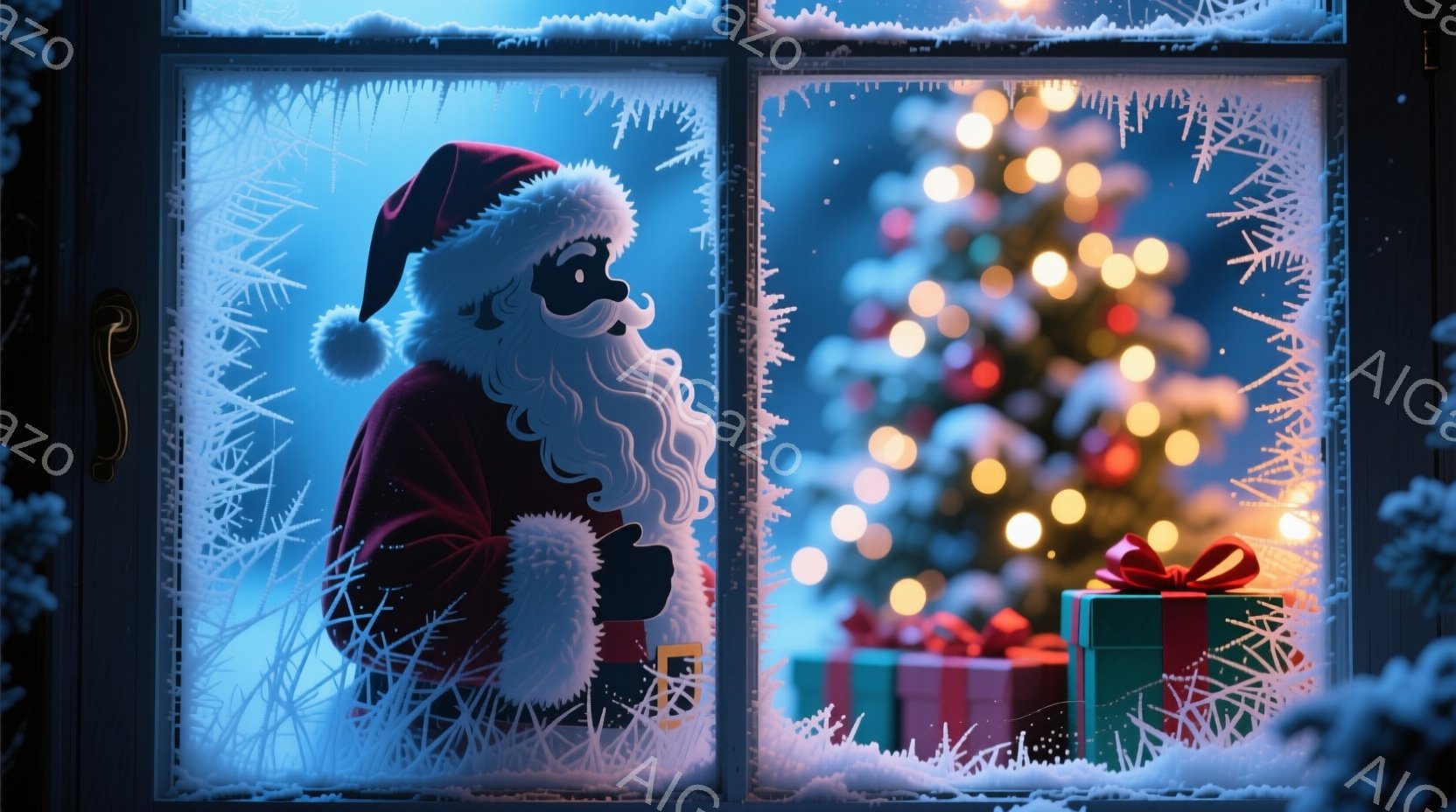 窓枠に寄りかかり、赤い衣装と白い髭を蓄えたサンタクロースが描かれている。背景にはぼやけたクリスマスツリーの光が輝き、雪が舞う冬の夜を連想させる、暖かく幻想的な雰囲気が漂っている。窓には雪の結晶が描かれ - AI生成フリー素材