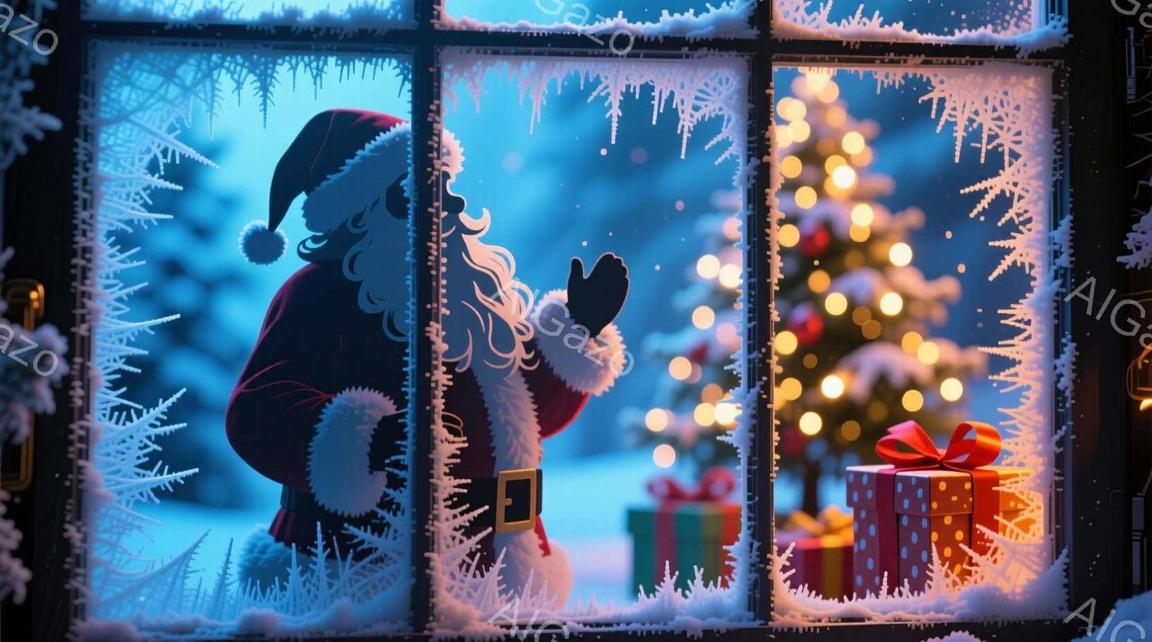 雪の降る夜、窓に映るサンタクロースが描かれています。赤い衣装を身につけ、白い髭を蓄えたサンタは、窓越しに室内を見つめ、暖炉のそばに置かれたプレゼントに手を伸ばそうとしています。背景には、ライトアップさ - AI生成フリー素材