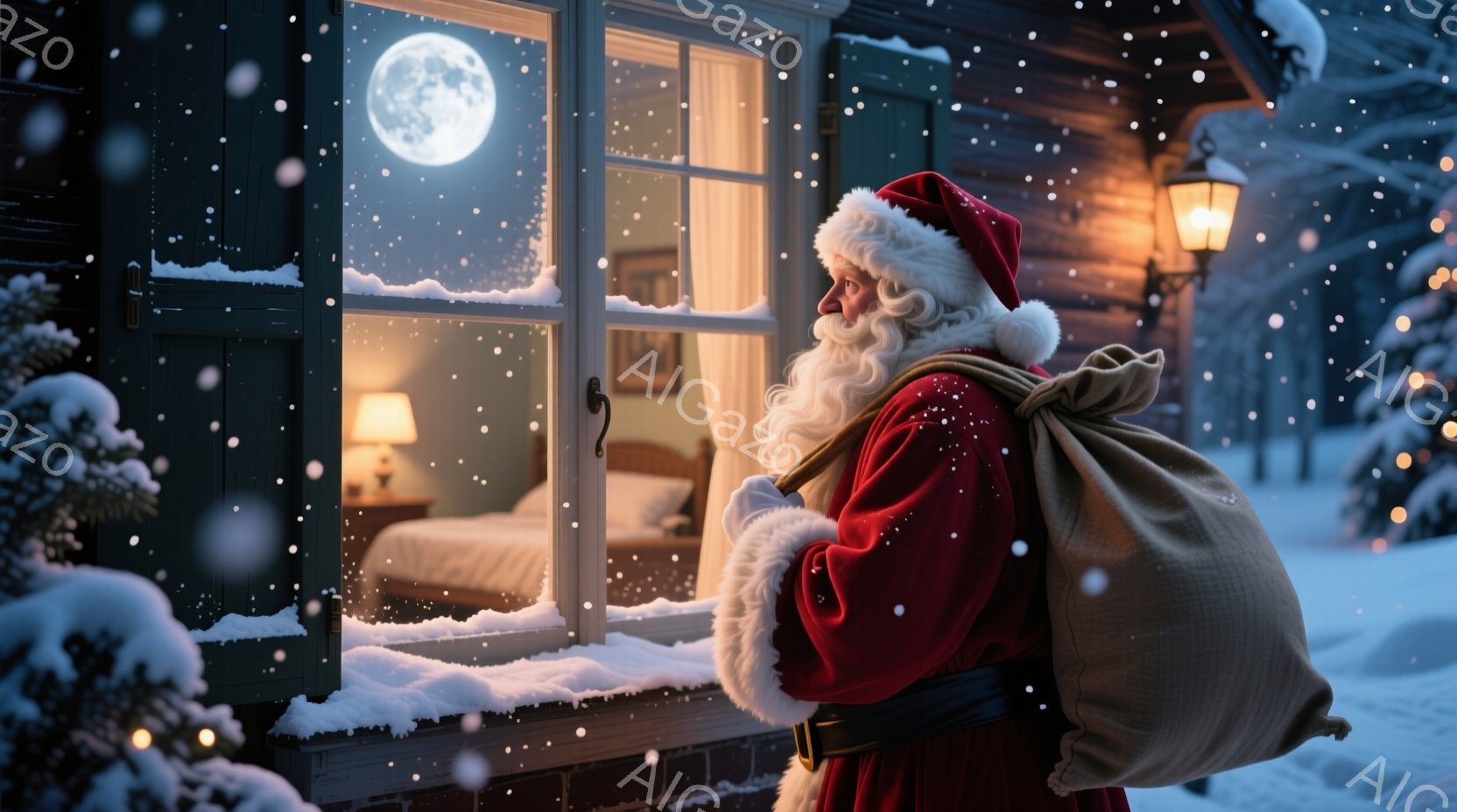 サンタクロースが赤い衣装を着て、毛皮の縁取りが付いた帽子をかぶり、長い白いひげを蓄えています。彼は大きな麻袋を肩に担ぎ、雪の降る夜に窓の外を見つめています。背景には、温かい光が灯った室内のベッドルーム - AI生成フリー素材