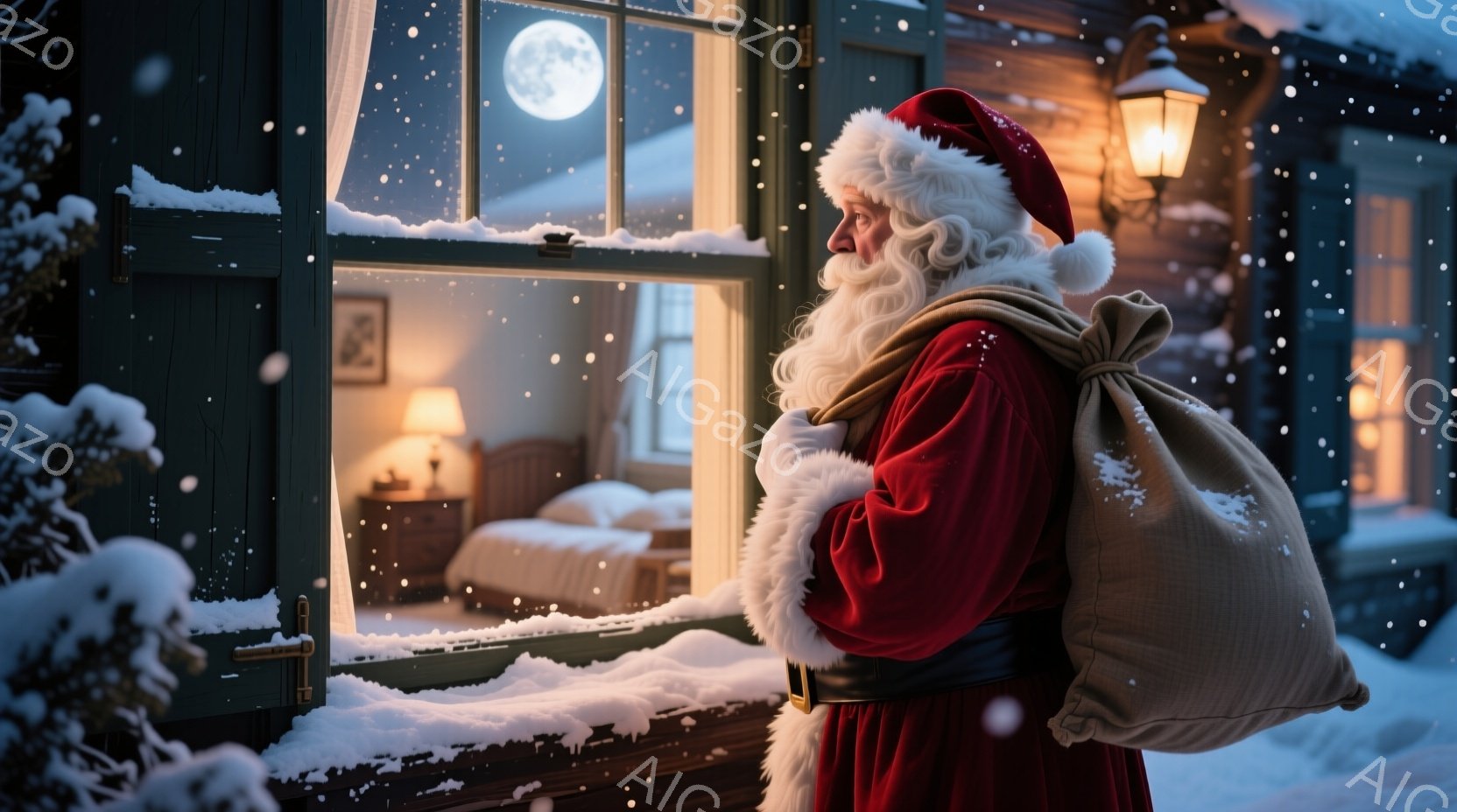 サンタクロースが赤い衣装と白いひげをたくわえ、大きな麻袋を肩に担いで、雪に覆われた家の窓辺に立っている。窓の内には暖かく光る部屋があり、ベッドが整えられている。雪が降り積もり、夜空には満月が輝き、静か - AI生成フリー素材