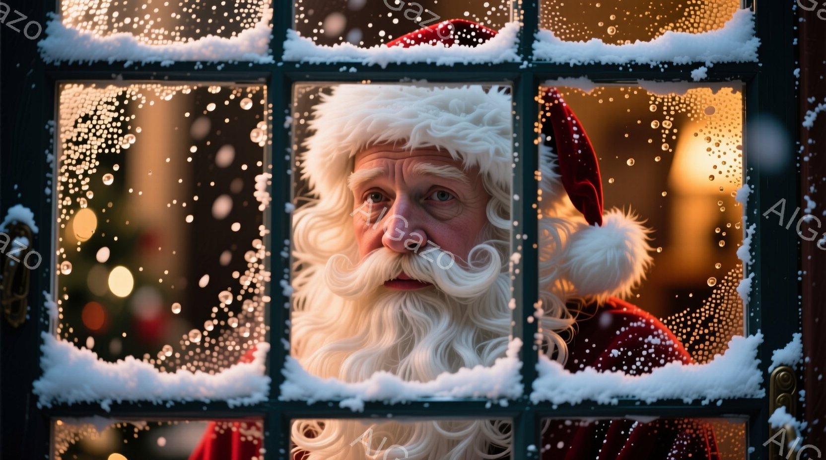 白い長いひげと豊かな白い髪を持つサンタクロースが、窓枠を通して顔を覗かせている。彼は赤い帽子と衣装を身につけ、穏やかで優しい表情をしている。背景にはぼやけた光と緑色の植物が見え、窓枠には雪が積もり、冬の暖かく幻想的な雰囲気を醸し出している。
