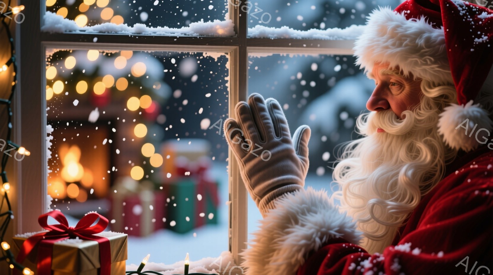 サンタクロースが窓の外を眺めています。彼は赤い衣装と白いひげを蓄え、手袋をはめており、少し物憂げな表情をしています。背景には雪が降り積もる庭と、暖炉の光がぼんやりと見える、クリスマスの温かい雰囲気が漂う光景です。