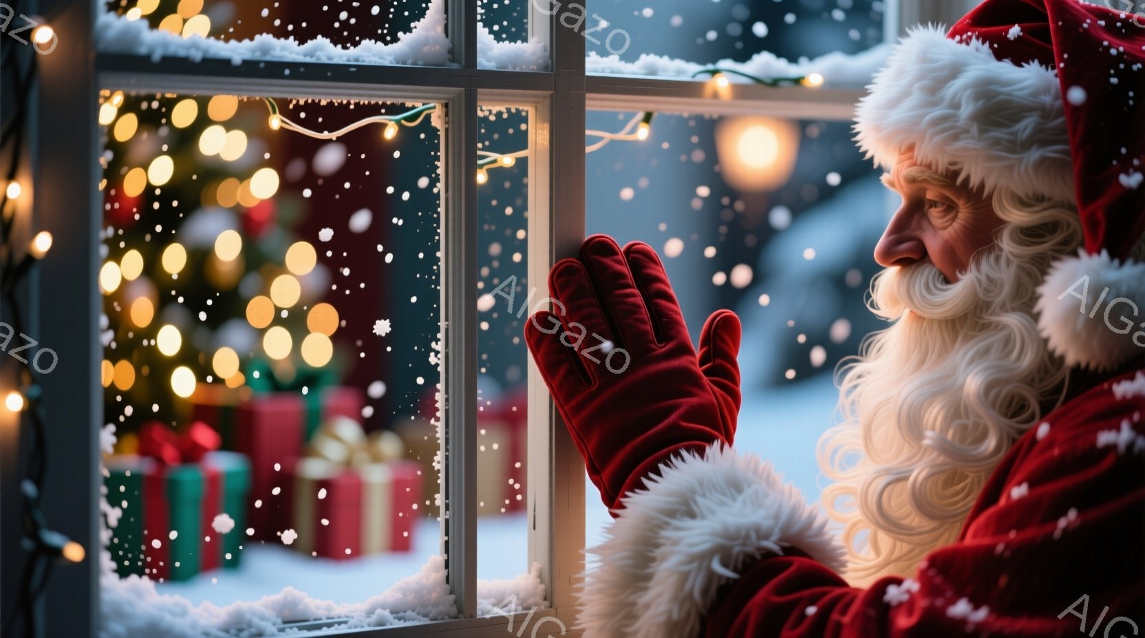 白い長いひげを蓄えたサンタクロースが窓の外を見つめている。彼は赤いベルベットの衣装と手袋を身に着け、どこか物憂げな表情をしている。背景にはキラキラと輝くクリスマスツリーやプレゼントの山が見え、雪が降る - AI生成フリー素材