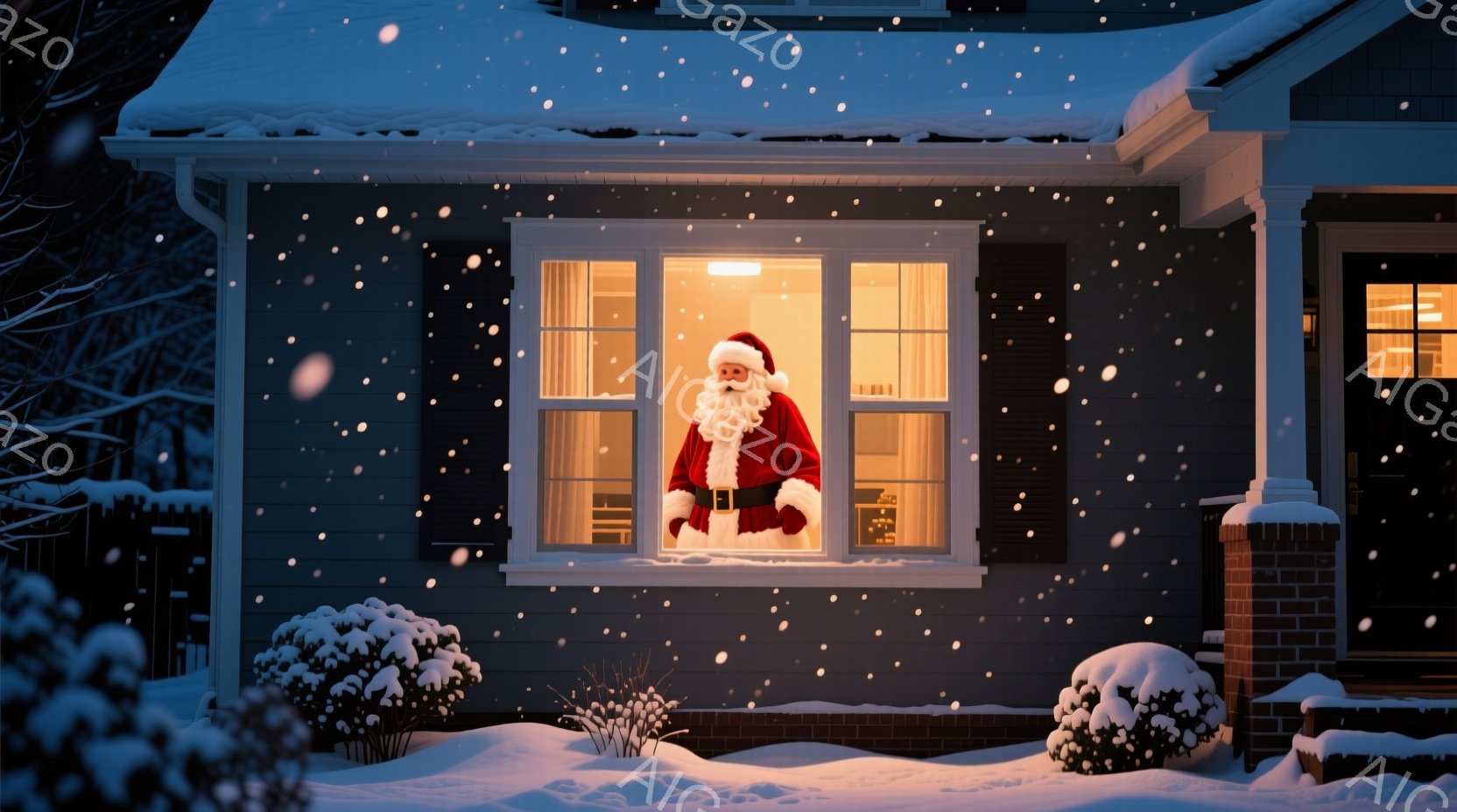雪が降り積もる夜、家の窓辺にはサンタクロースが立っている。彼は伝統的な赤い服と白い髭、そして陽気な笑顔を見せている。背景には雪に覆われた家と庭があり、暖かく穏やかなクリスマスの雰囲気が漂っている。