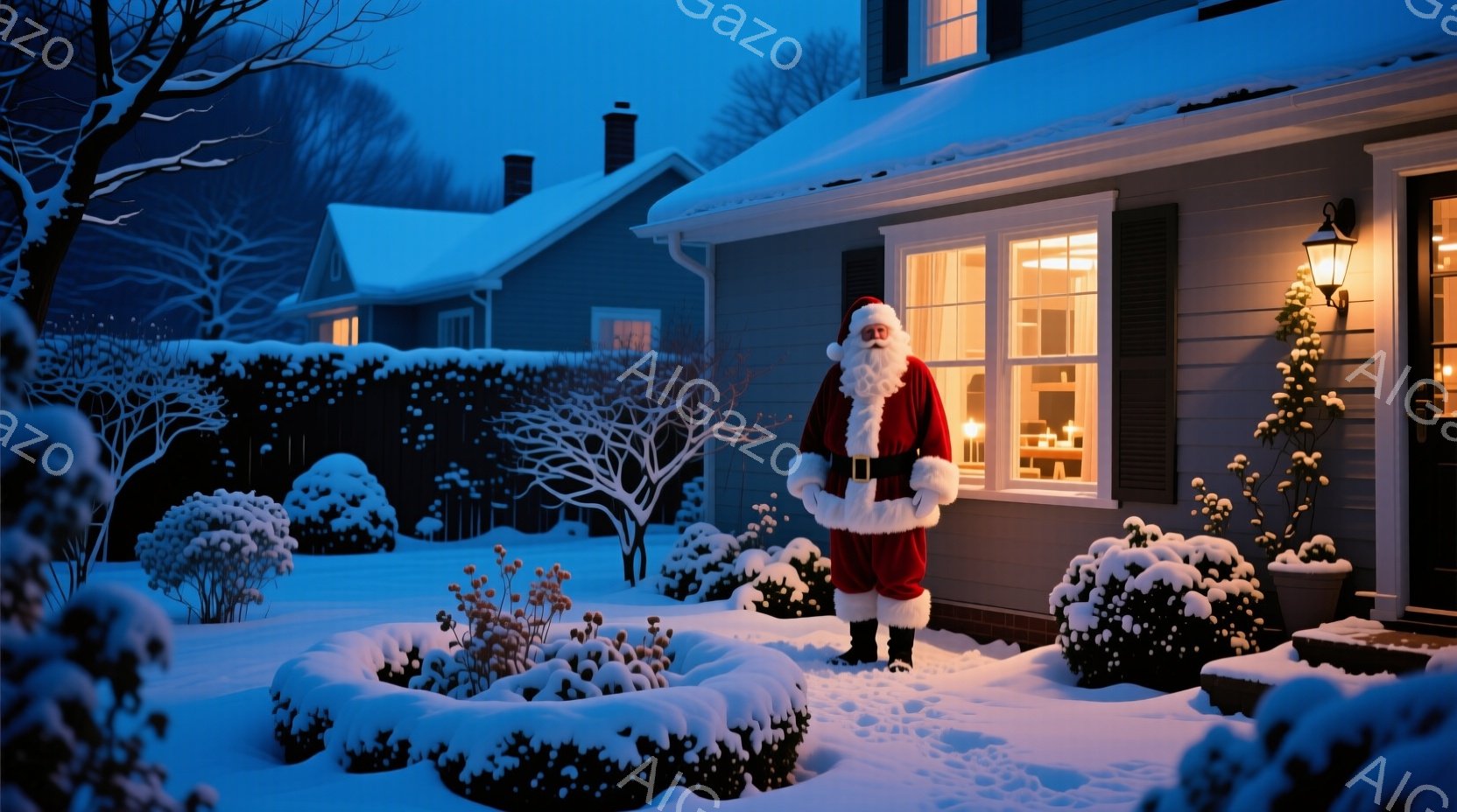 雪に覆われた家の前にサンタクロースが立っている。彼は伝統的な赤い衣装、白い髭、そして笑顔を見せ、温かい雰囲気を醸し出している。背景には雪で覆われた庭と、窓から漏れる暖かな光があり、冬の夜の穏やかなクリ - AI生成フリー素材