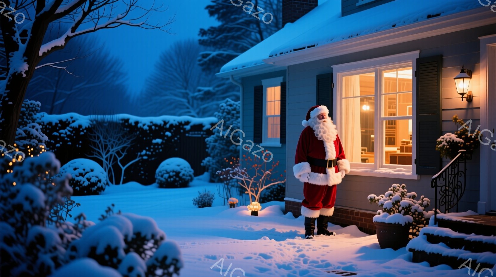 雪に覆われた庭に、サンタクロースが立っている。赤い衣装に白いひげと髪を持ち、温かい笑顔を浮かべている。背景には雪に覆われた家と木々があり、温かい光が家の中から漏れ出し、クリスマスの静かで温かい雰囲気を - AI生成フリー素材