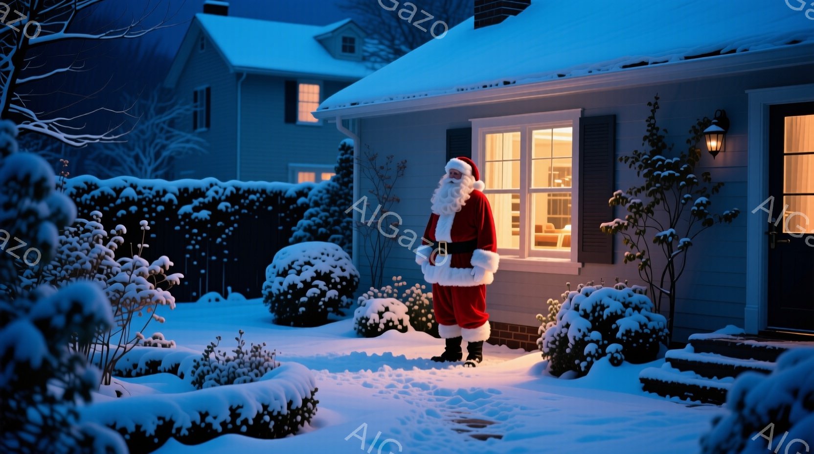 雪に覆われた家の前にサンタクロースが立っている。赤い衣装に白い髭と髪を持ち、温かい笑顔を浮かべている。背景には雪に覆われた低木や建物があり、全体的に穏やかで心温まるクリスマスの雰囲気である。 - AI生成フリー素材