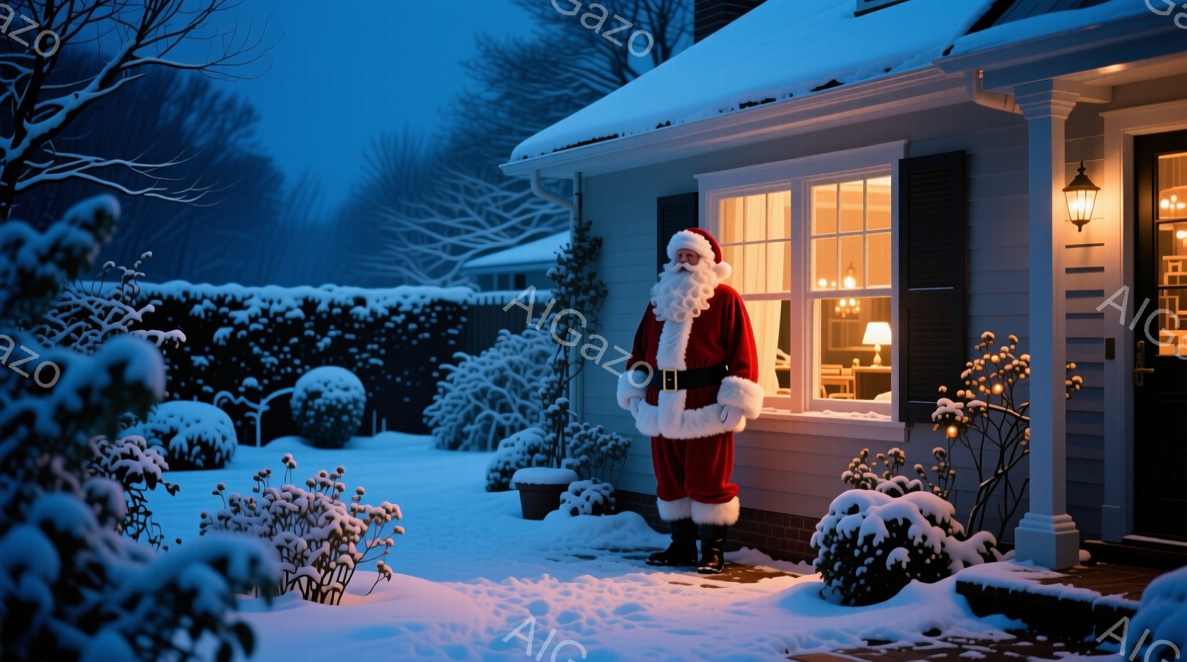 雪が降り積もった庭に、サンタクロースが立っている。彼は赤い衣装と白いひげ、そして笑顔を浮かべており、クリスマスの象徴的な姿をしている。背景にはライトアップされた家があり、温かい光が雪景色に映え、静かで - AI生成フリー素材