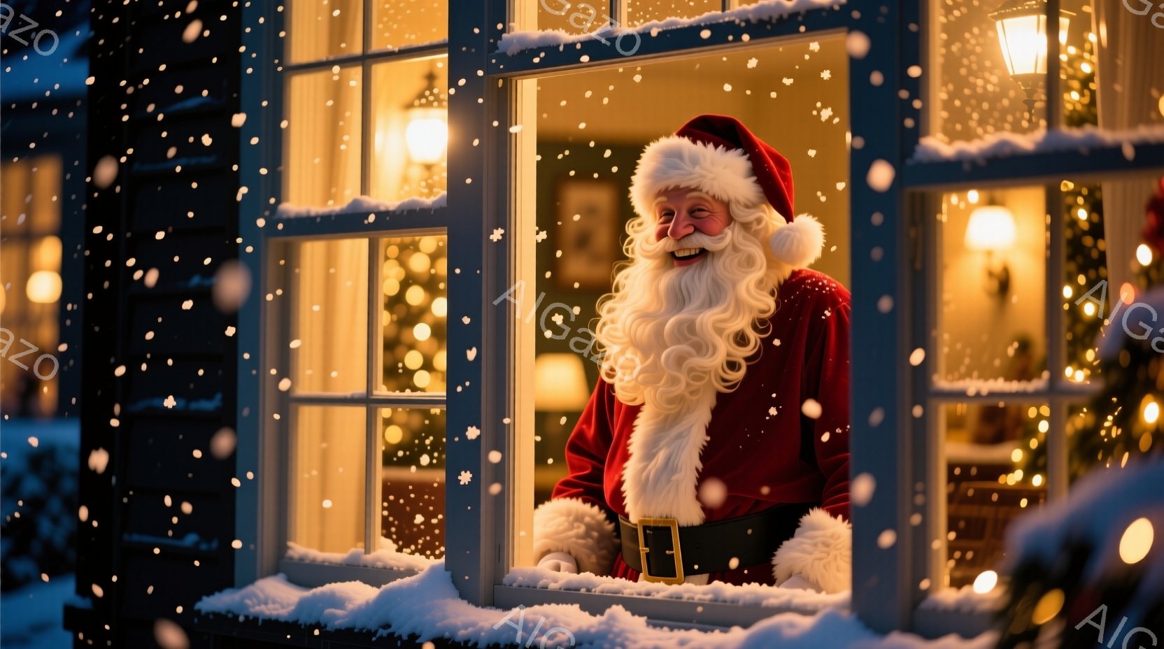 赤い衣装と白い髭を蓄えたサンタクロースが、雪で覆われた窓枠から顔を出している。彼は笑顔で、楽しそうな表情をしている。背景には、きらめくクリスマスツリーや暖色の光が灯る家が見え、雪が舞う幻想的な冬の夜の - AI生成フリー素材