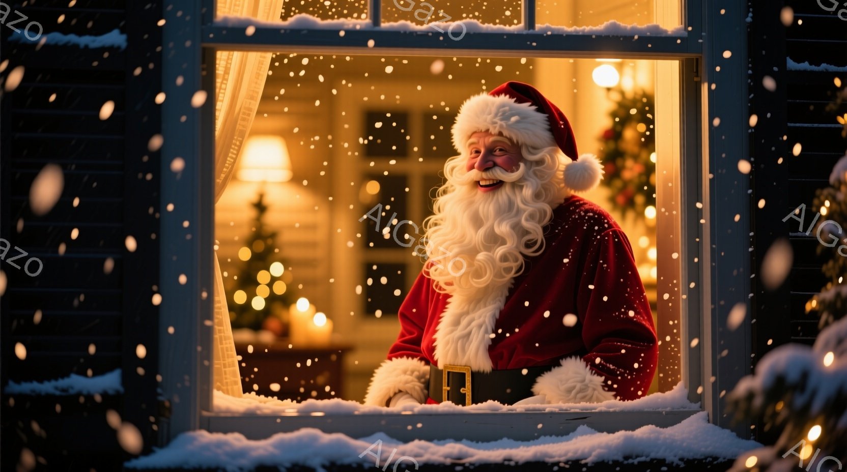 暖炉の光が差し込む窓辺に、サンタクロースが笑顔で立っている。ふさふさの白いひげと赤い衣装を身につけ、暖かく親しみやすい表情をしている。背景にはぼんやりとクリスマスツリーや室内装飾が見え、雪が舞う冬の穏 - AI生成フリー素材