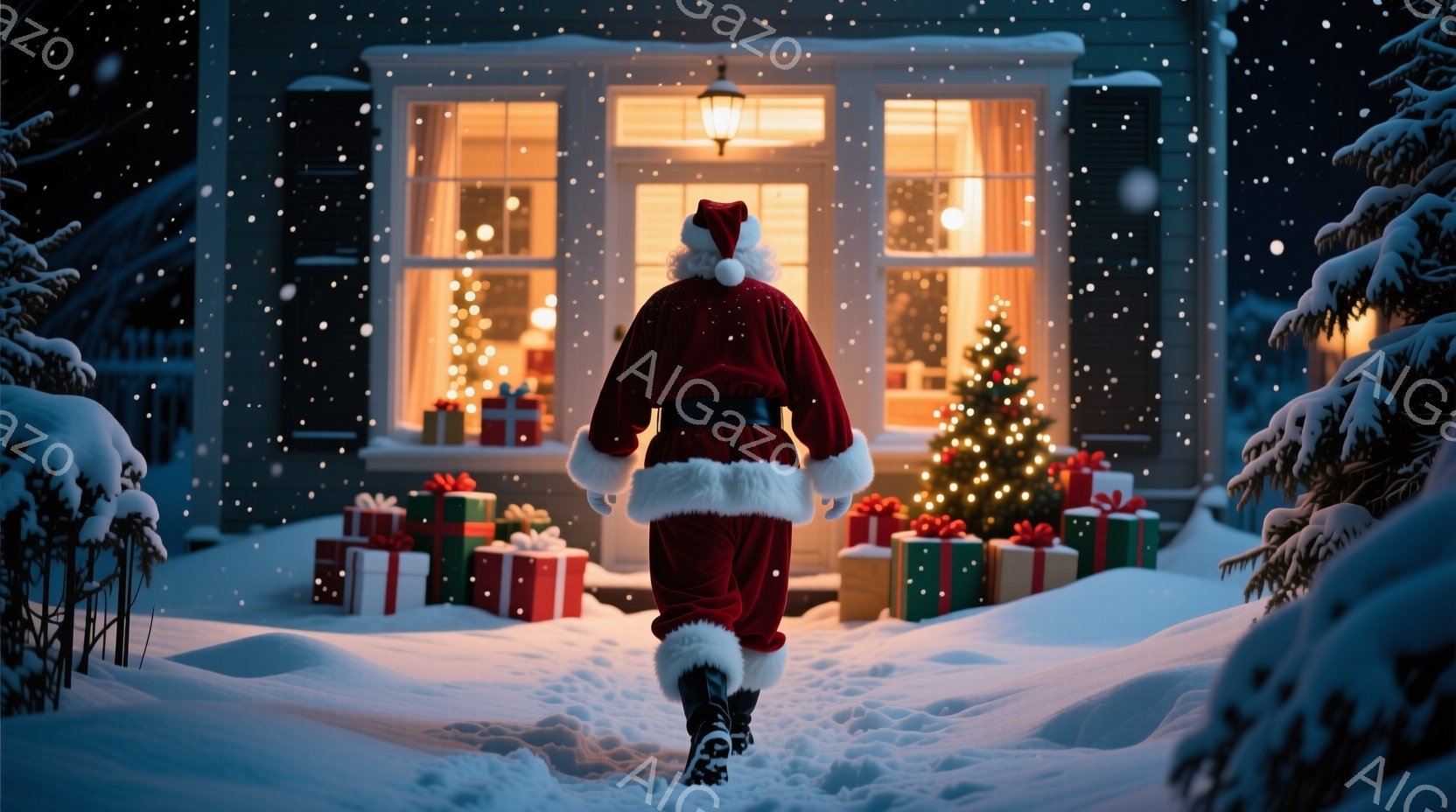 雪が降り積もる中、サンタクロースが家の正面に歩いて近づいている様子が捉えられています。彼は赤いコート、白い髭、そしてサンタ帽を身につけ、足跡を雪に残しながら、プレゼントでいっぱいのポーチに向かっていま - AI生成フリー素材