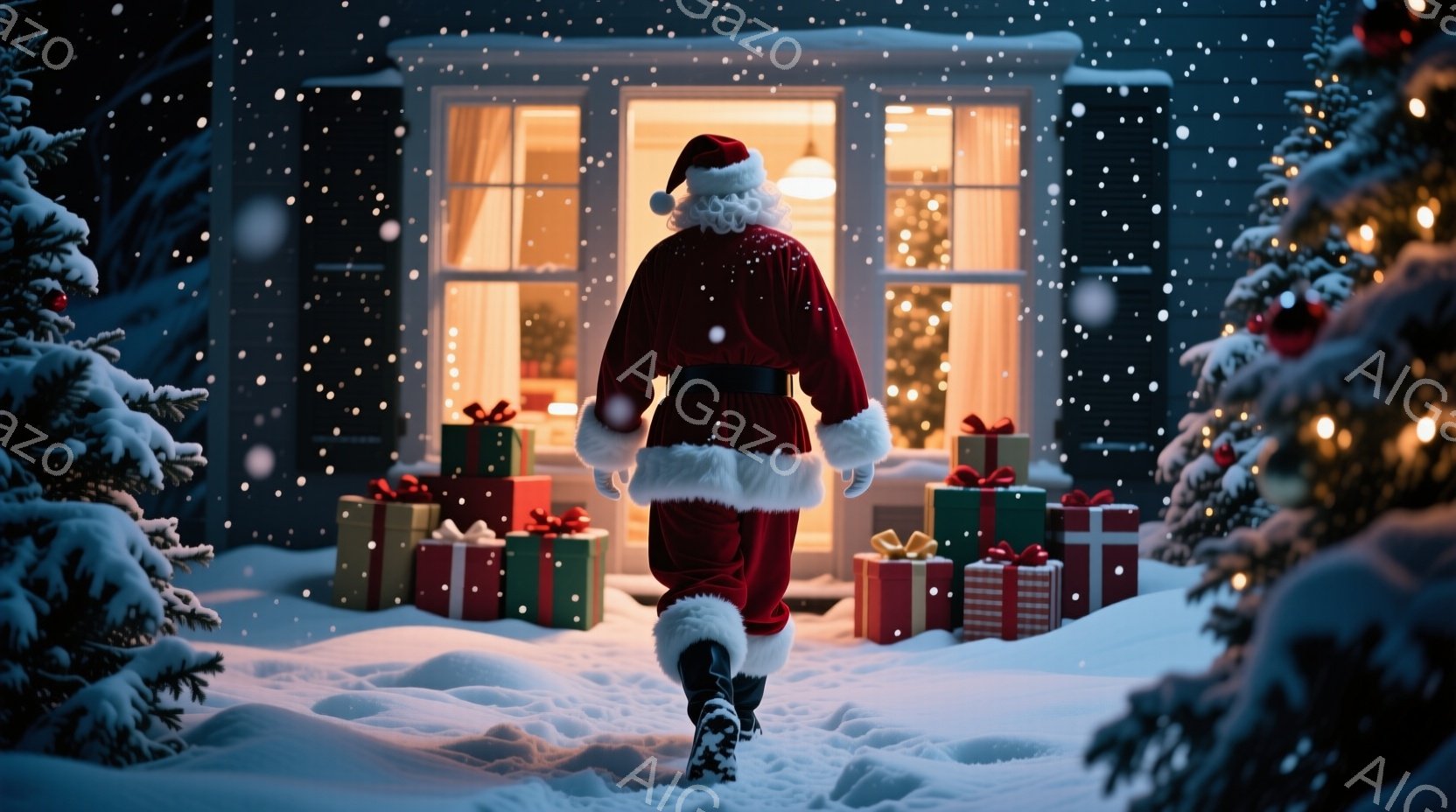 雪が降り積もる夜、サンタクロースがプレゼントを抱えて家から出てくる後ろ姿が捉えられています。彼は赤い衣装に白の縁取りが施され、黒いブーツを履き、頭にはサンタ帽を被っています。背景には明かりの灯った家と - AI生成フリー素材