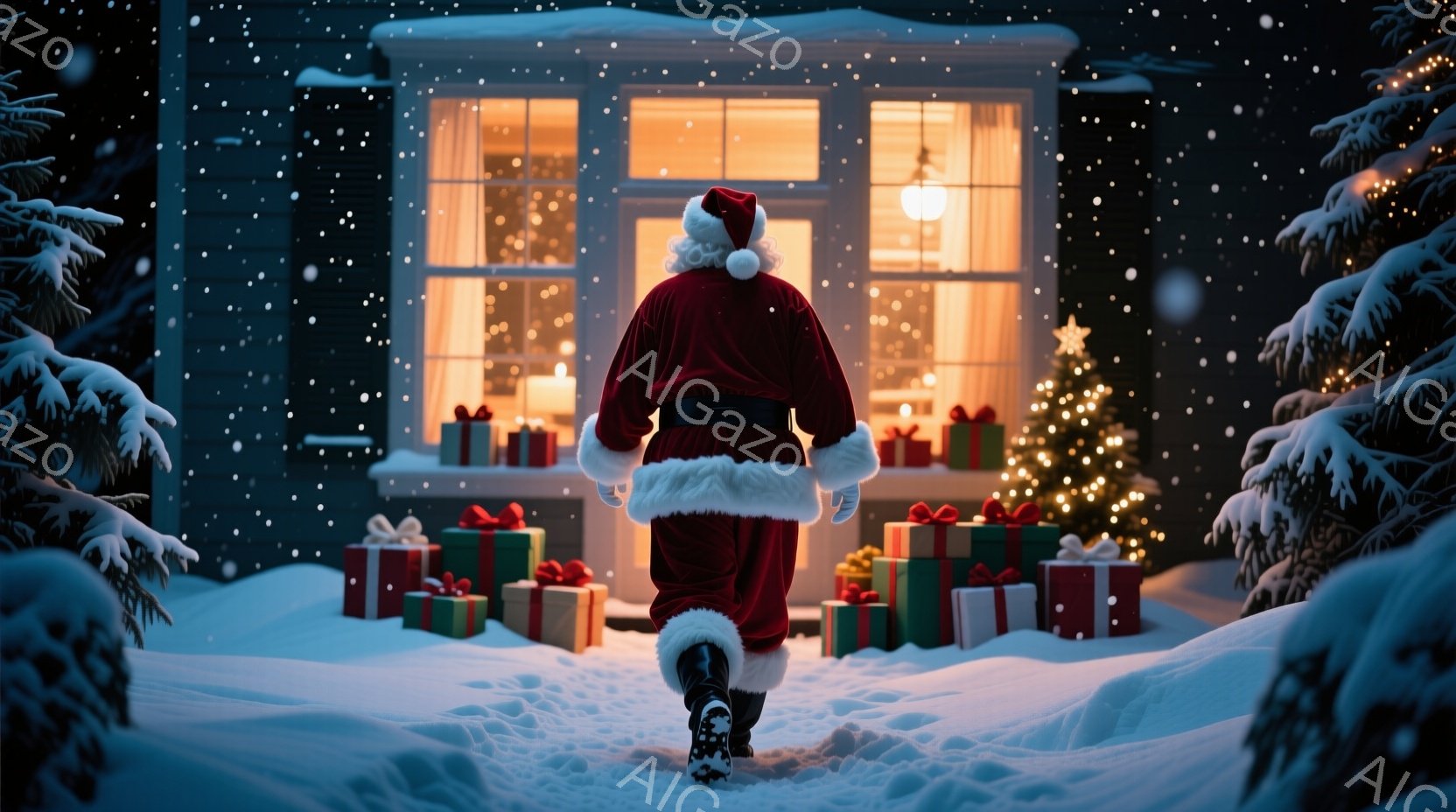 雪の積もる夜、サンタクロースがプレゼントを抱えて家へと向かっている後ろ姿が描かれている。彼は赤い衣装に白い毛皮の縁取りが施され、頭にはサンタ帽を被っている。背景には温かい光を放つ家と、クリスマスの飾り - AI生成フリー素材
