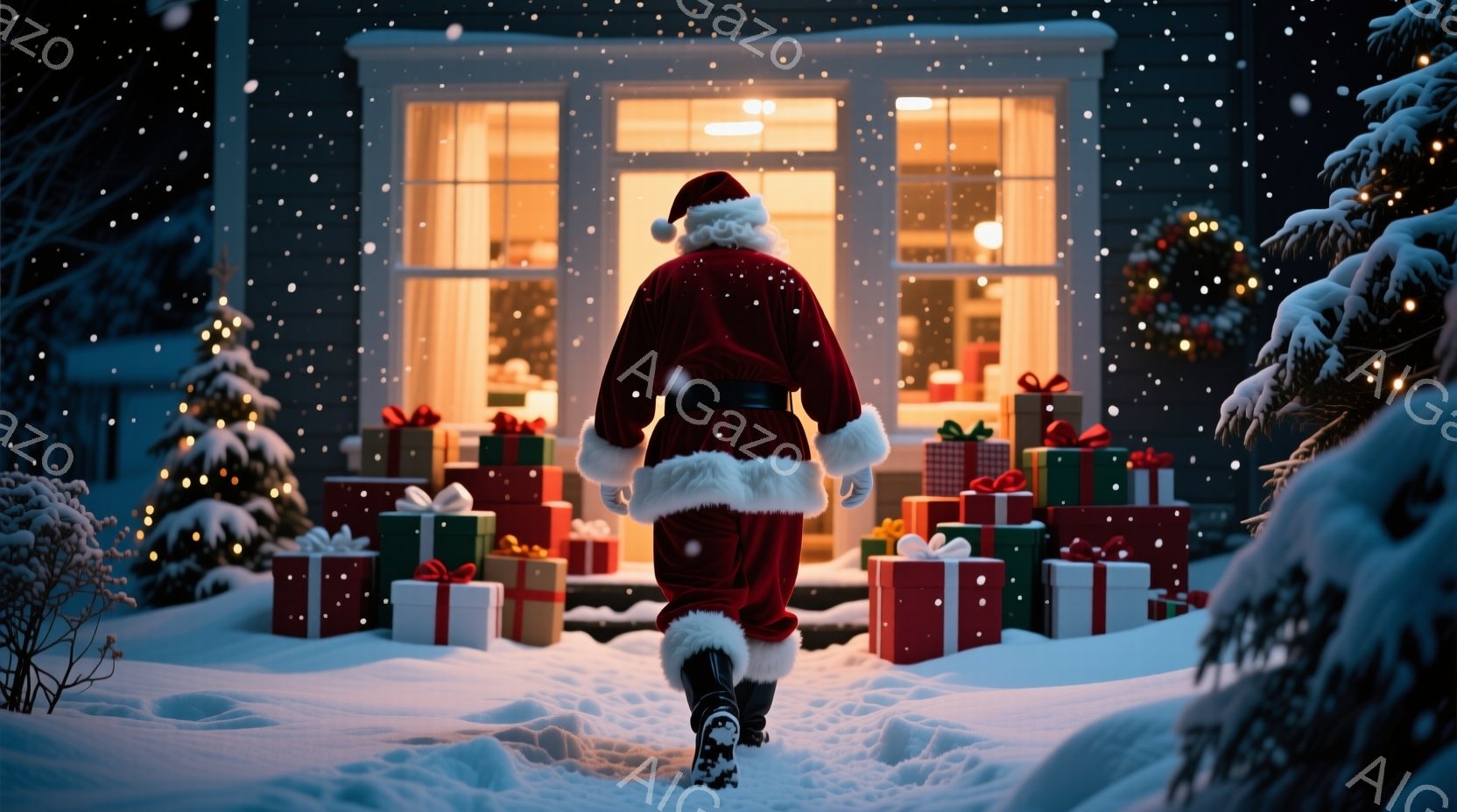 雪の降る夜、サンタクロースがプレゼントの山を背に家へと向かっている様子が捉えられています。赤い衣装に白い縁取り、頭には赤い帽子を被り、雪道を進む後ろ姿はクリスマスの温かい雰囲気を象徴しています。背景に - AI生成フリー素材