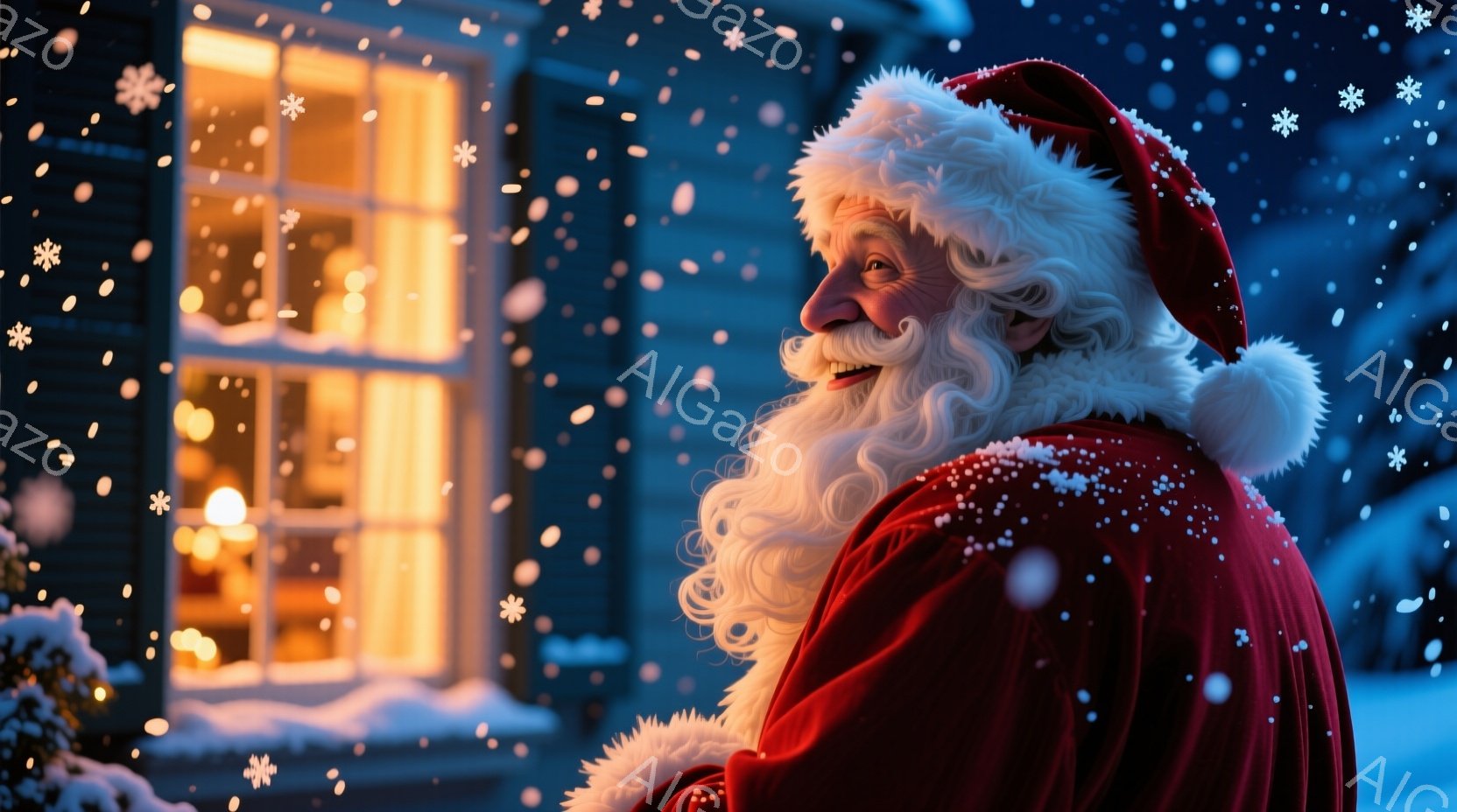 サンタクロースが赤いベルベットの衣装を身につけ、白い長い髭と笑顔を見せています。彼は建物の外で少し後ろを振り返り、暖かく光る窓を背景に冬の雪景色の中に立っています。背景には、雪に覆われた低木と雪が舞う - AI生成フリー素材