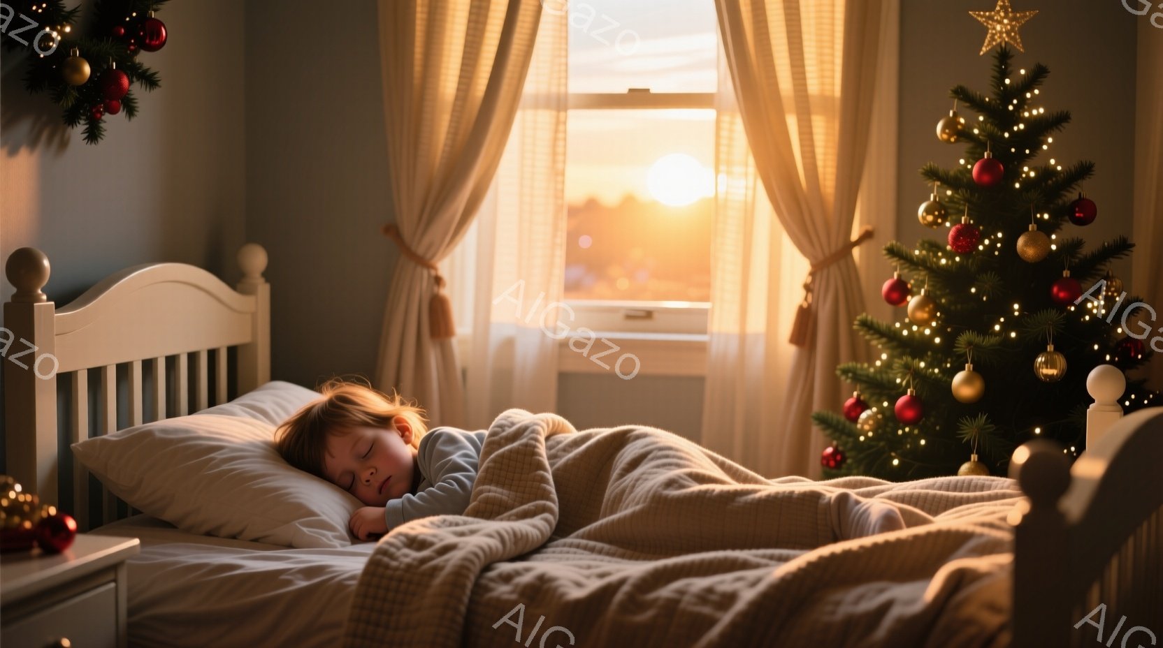 赤毛の少年がベッドの中で眠っており、ベージュ色の毛布に包まれています。窓の外には夕焼けが見え、部屋は温かく、クリスマスの装飾が施されたクリスマスツリーが部屋の片隅に立っています。全体的に、安らぎとクリ - AI生成フリー素材