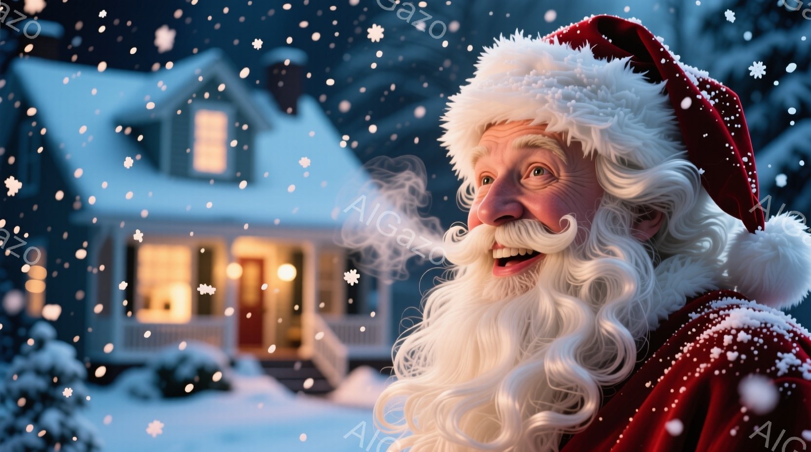 白い長いひげと赤いサンタ帽をかぶった男性が、煙をくゆらせながら笑顔を見せています。背景には暖かく光る家々と雪が舞う冬の風景が広がっています。全体的に暖かく、お祝いの雰囲気で、クリスマスの喜びを感じさせ - AI生成フリー素材