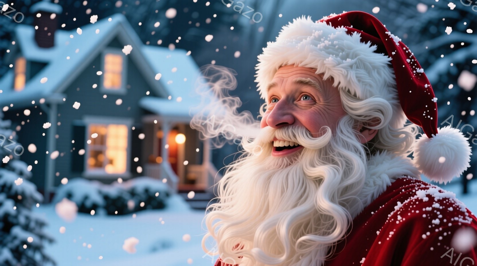 白いひげを長く伸ばしたサンタクロースが、赤い衣装を身につけ、頭には白い毛皮のついた赤い帽子を被っています。彼は口から白い息を吐き出し、笑顔で何かを楽しんでいる様子です。背景には雪に覆われた家々と、雪が - AI生成フリー素材