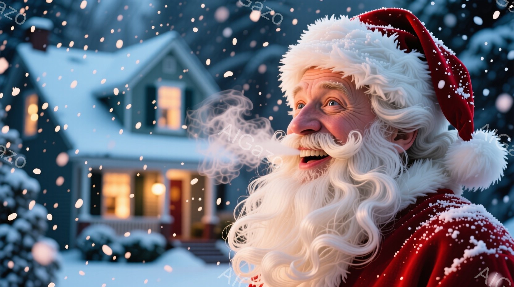 白い長いひげと笑顔が印象的なサンタクロースが、赤い衣装を身につけ、左向きに少し顔を傾けています。彼の口からは白い息が立ち上り、背景には雪に覆われた家々と雪が舞う冬の風景が広がっています。暖かく、楽しげ - AI生成フリー素材